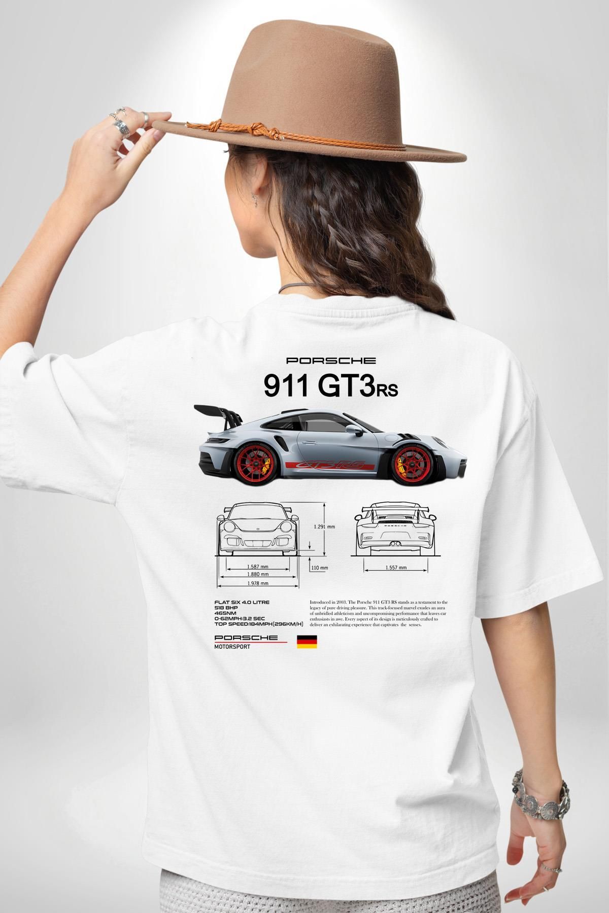 Porche 911GT3 RS Yarış Araba Beyaz Oversize Kadın Erkek Ön ve Sırt Baskılı Tişört