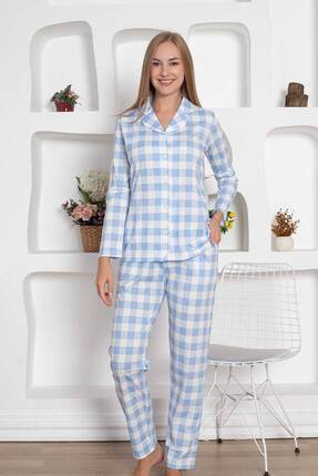 Ekoseli Önden Düğmeli Kadın Pijama Takımı - Mavi Uzun Kollu Penye 2793uy Image 0