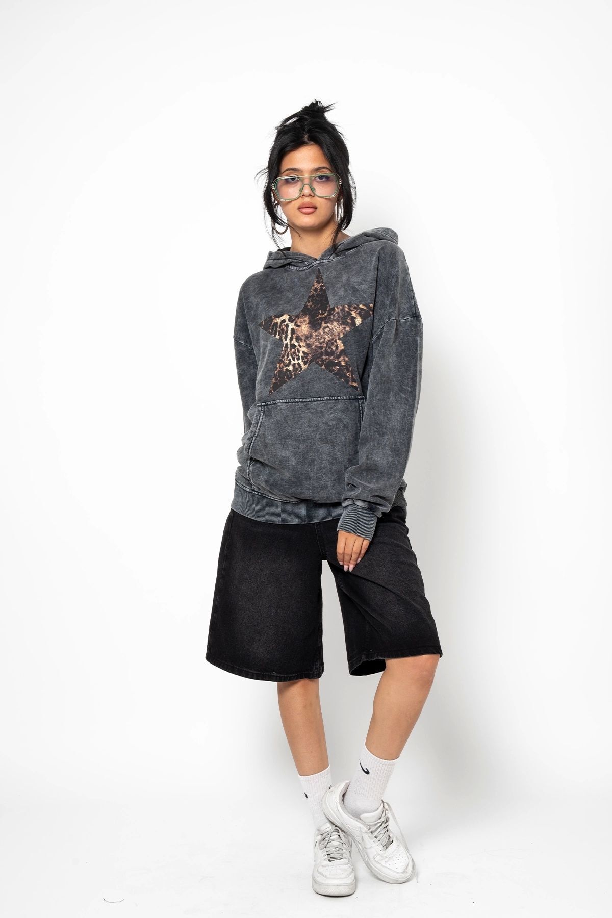 Leopar Starz Baskılı Oversize Unisex Premium Yıkamalı Siyah Hoodie