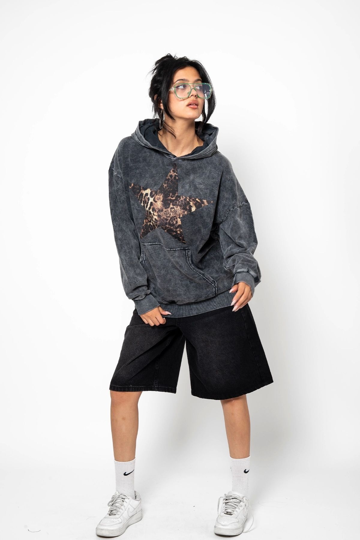 Leopar Starz Baskılı Oversize Unisex Premium Yıkamalı Siyah Hoodie