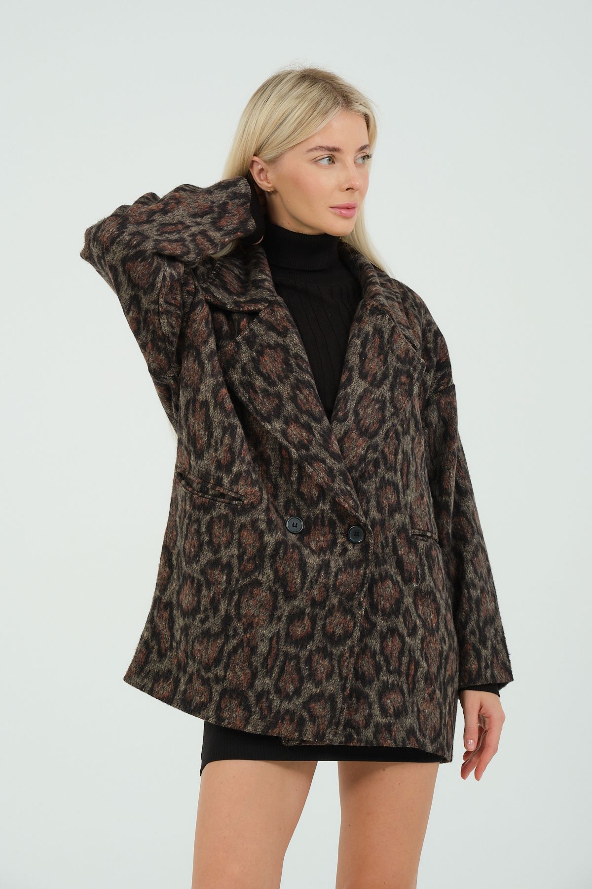 Leopar Desenli Oversize Kaşe Kaban