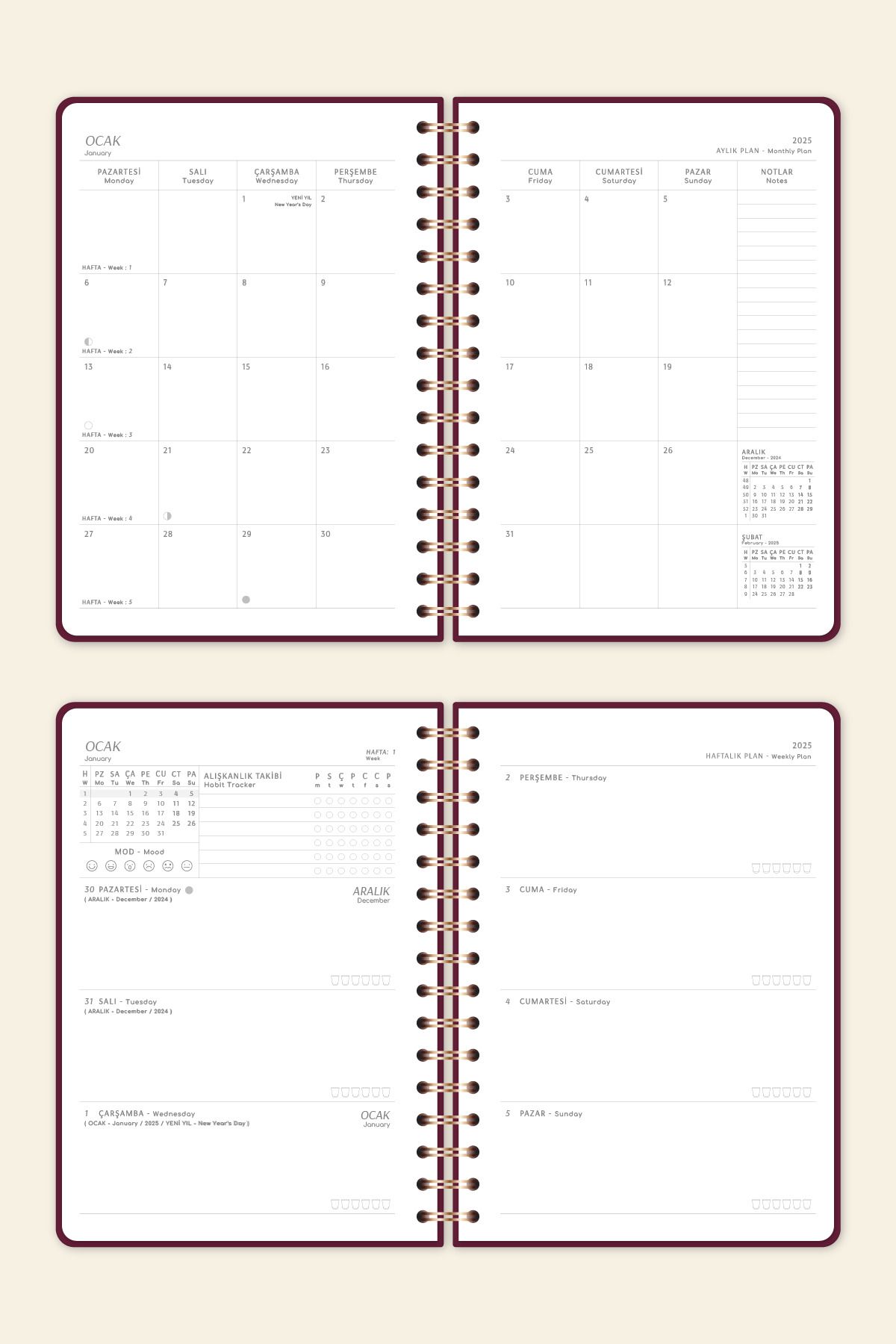 2025 A5 Spiralli Haftalık Ajanda 12 Aylık - Bordo