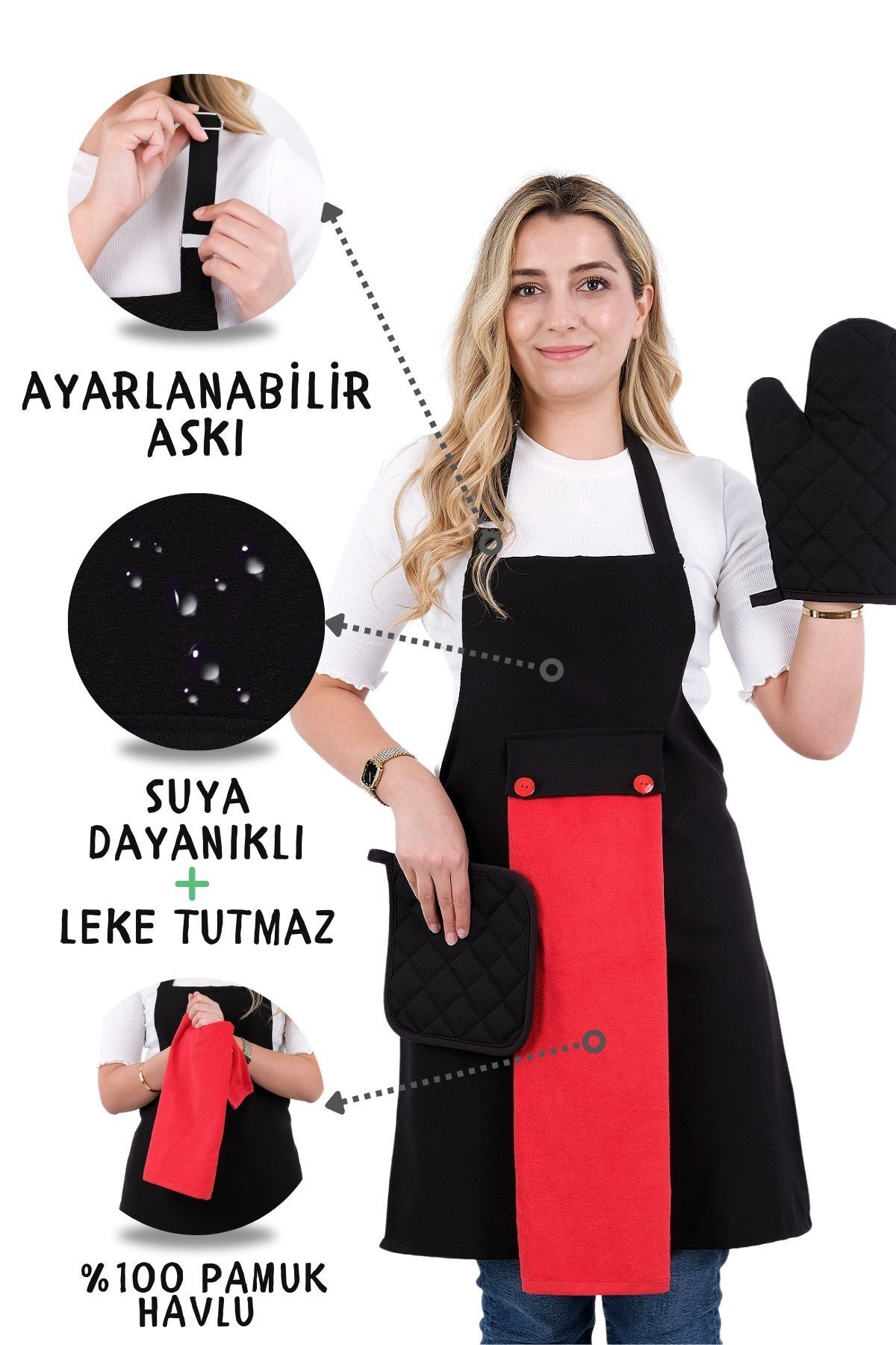 Star Ayar Askılı Havlulu 4lü Mutfak Önlüğü Seti (ELDİVEN TUTACAK)