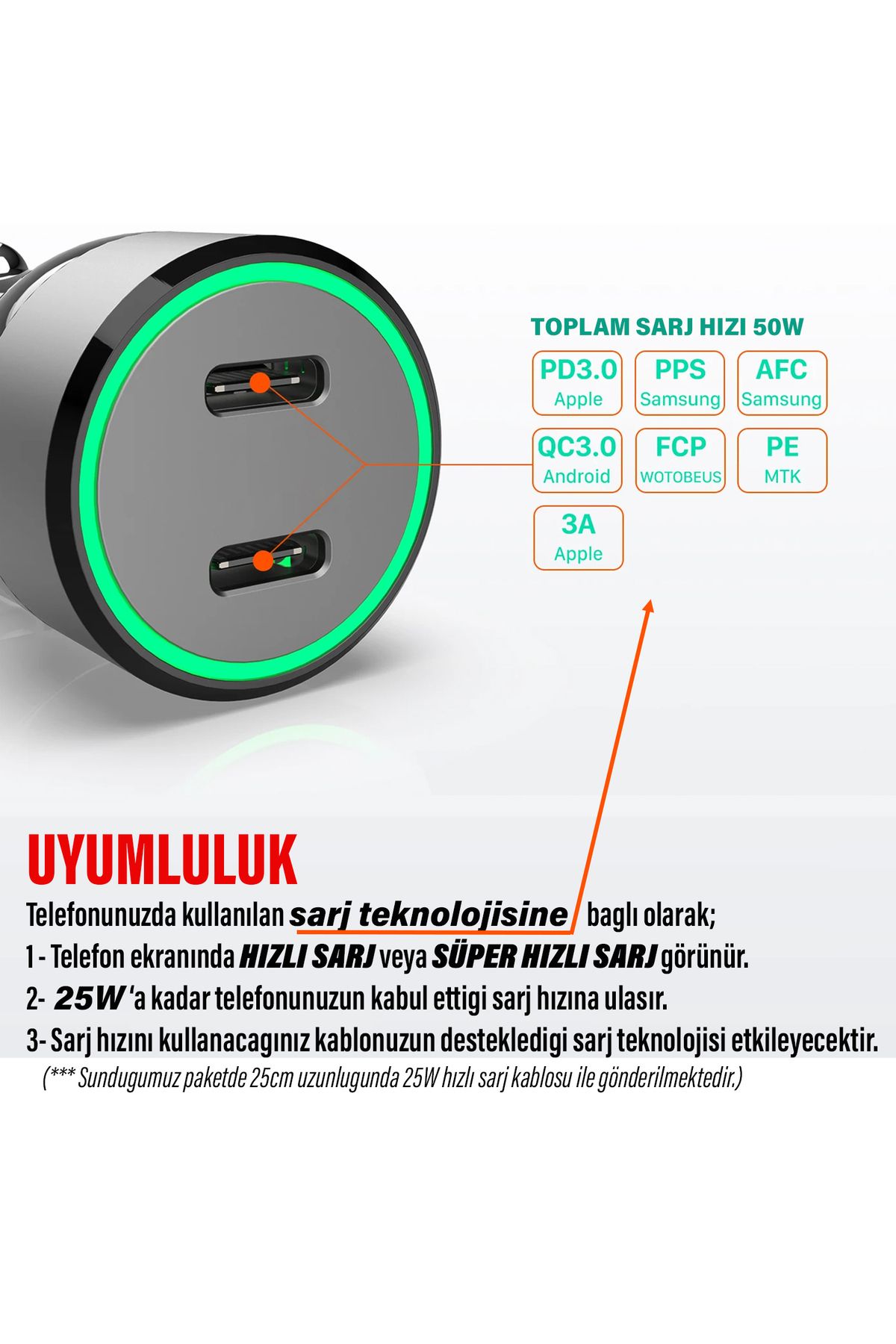 Hızlı Araç Şarj Aleti iPhone 11 12 13 14 Telefonlar İçin Hızlı Araba Şarjı Cihazı ve 25cm Kablo