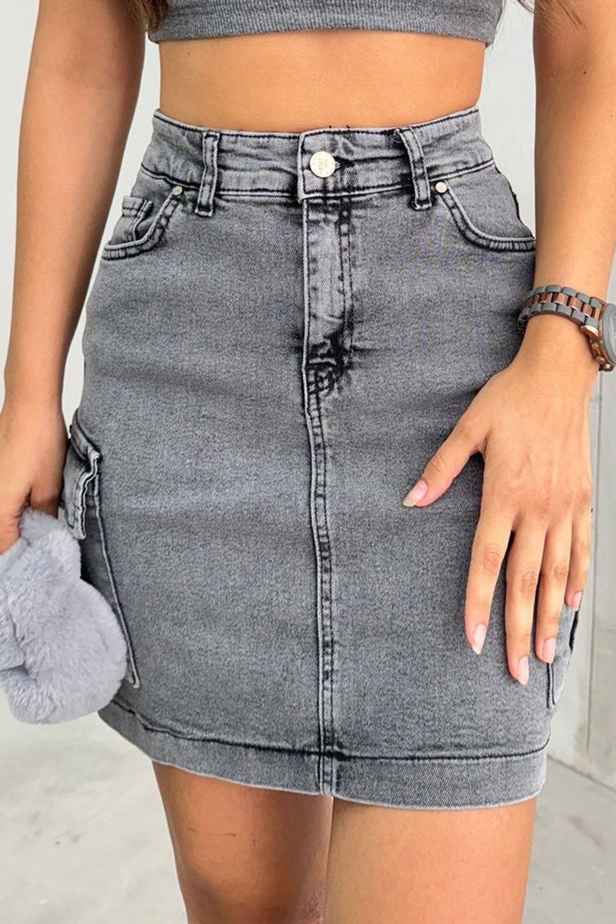 Slim Fit Kalıp Beş Cepli ve Kargo Cepli Likralı Seksi Yıkamalı Yüksek Belli Kısa Denim Jean Etek