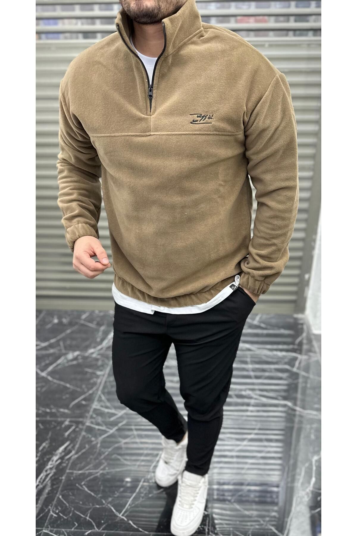 JR Boutique Erkek NakışlıPolar Sweatshirt Dik...