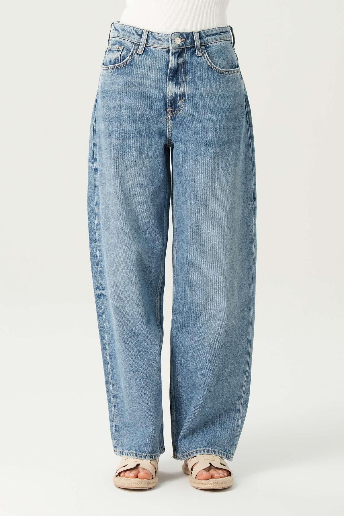 Orta Mavi Yüksek Bel Patı Fermuarlı Loose Jean Pantolon C 4934-017