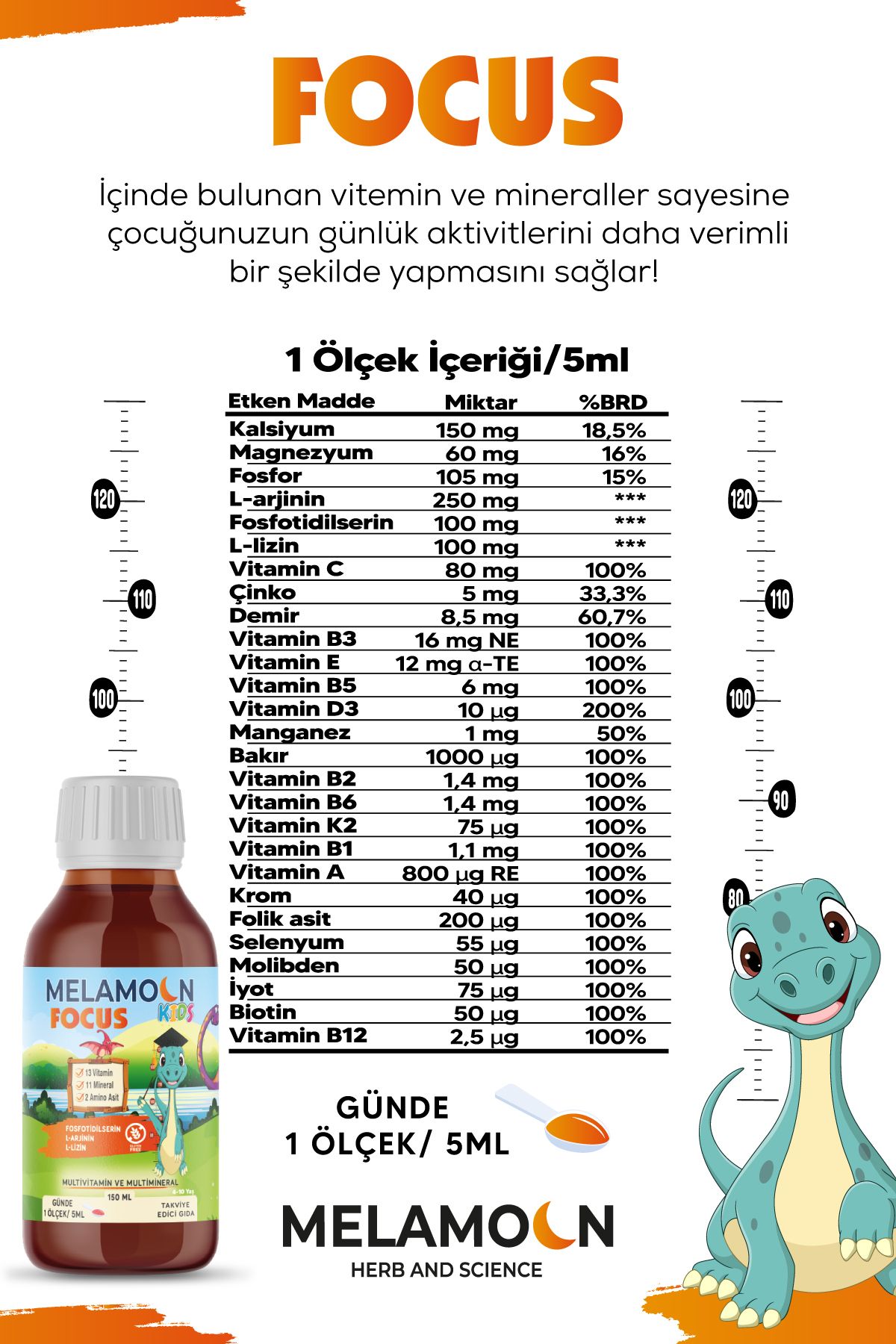 Fosfotidilserin, L-Arjinin, L-lizin, Multivitamin ve Multimineral İçeren Takviye Edici Gıda 150 ml