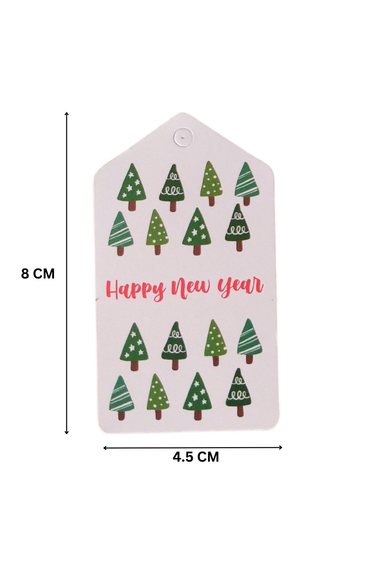 Yılbaşı Çam Ağaçları Temalı Hediye Etiketi, Yeniyıl Paketleme Kartı-Happy New Year, 50 Adet, 4,5x8Cm