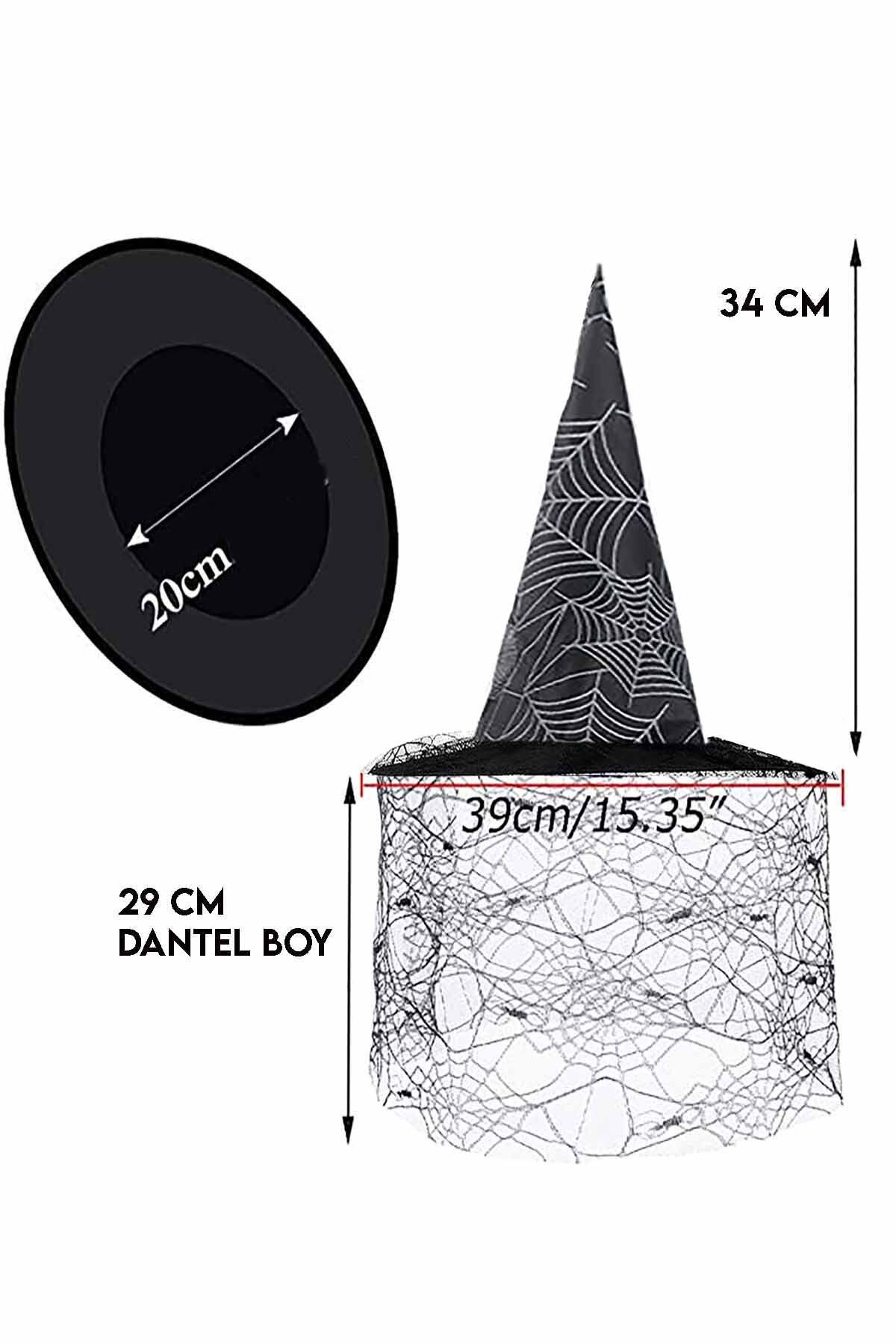 Halloween Cadılar Bayramı Cadı Şapkası Siyah Beyaz Örümcek Ağ Desenli Tül Parti Cadı Şapkası 34cm