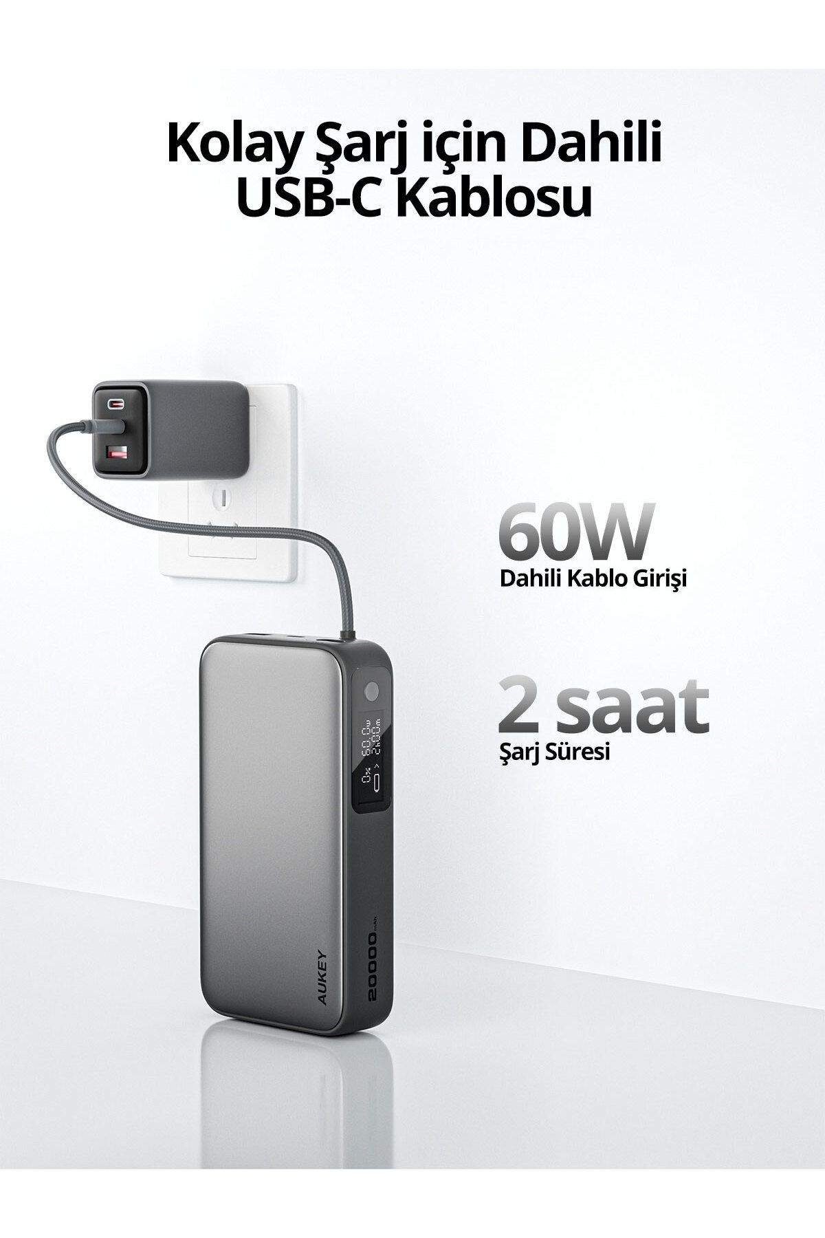 PB-Y48-GY 100W 20000 mAh PD Dahili Type-C Kablolu Powerbank