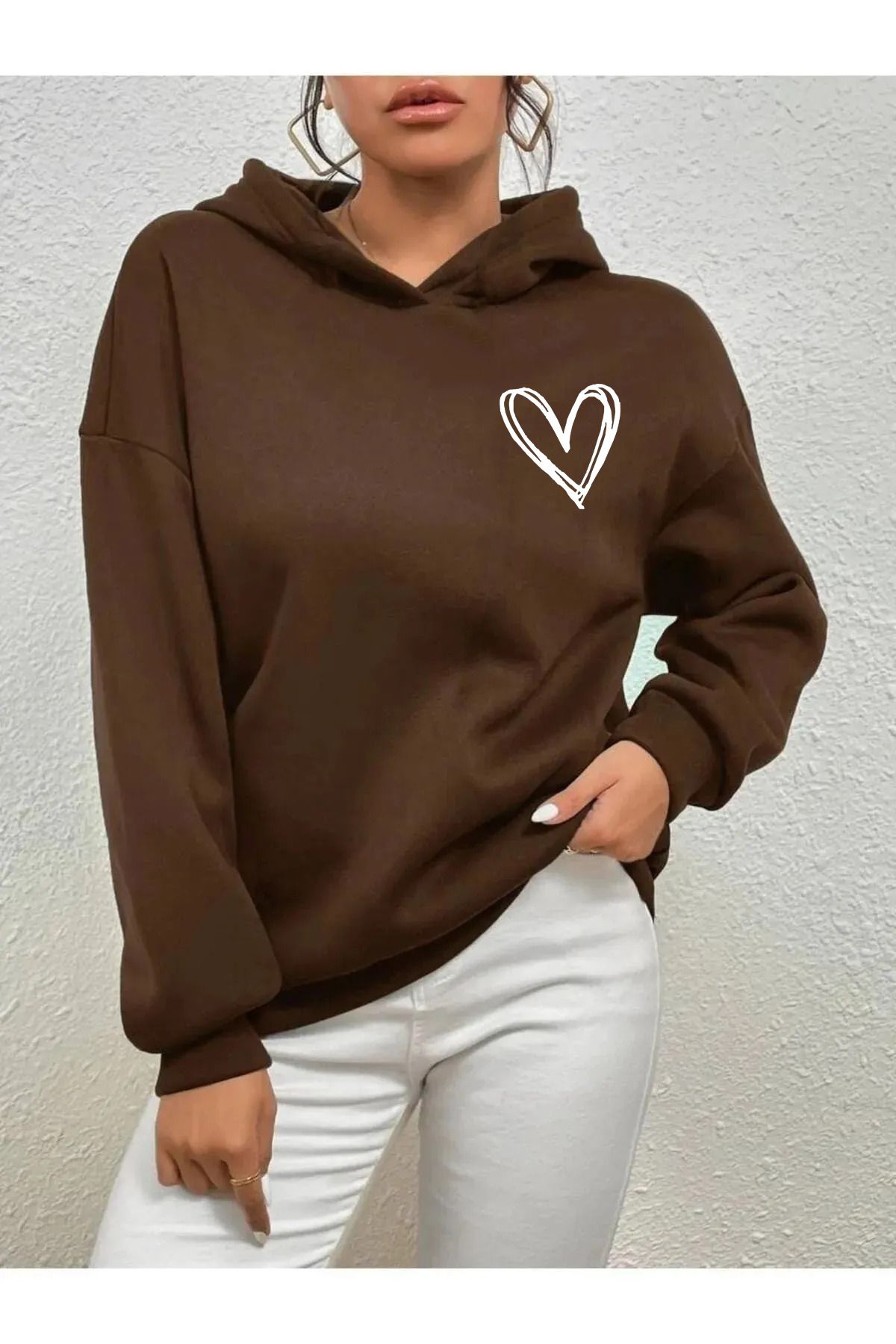 Unisex Kalp Desenli Kahverengi Sweatshirt