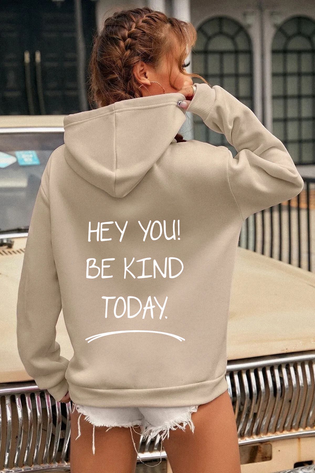 memowear Unisex Hey YouBaskılı Bej Sweatshirt