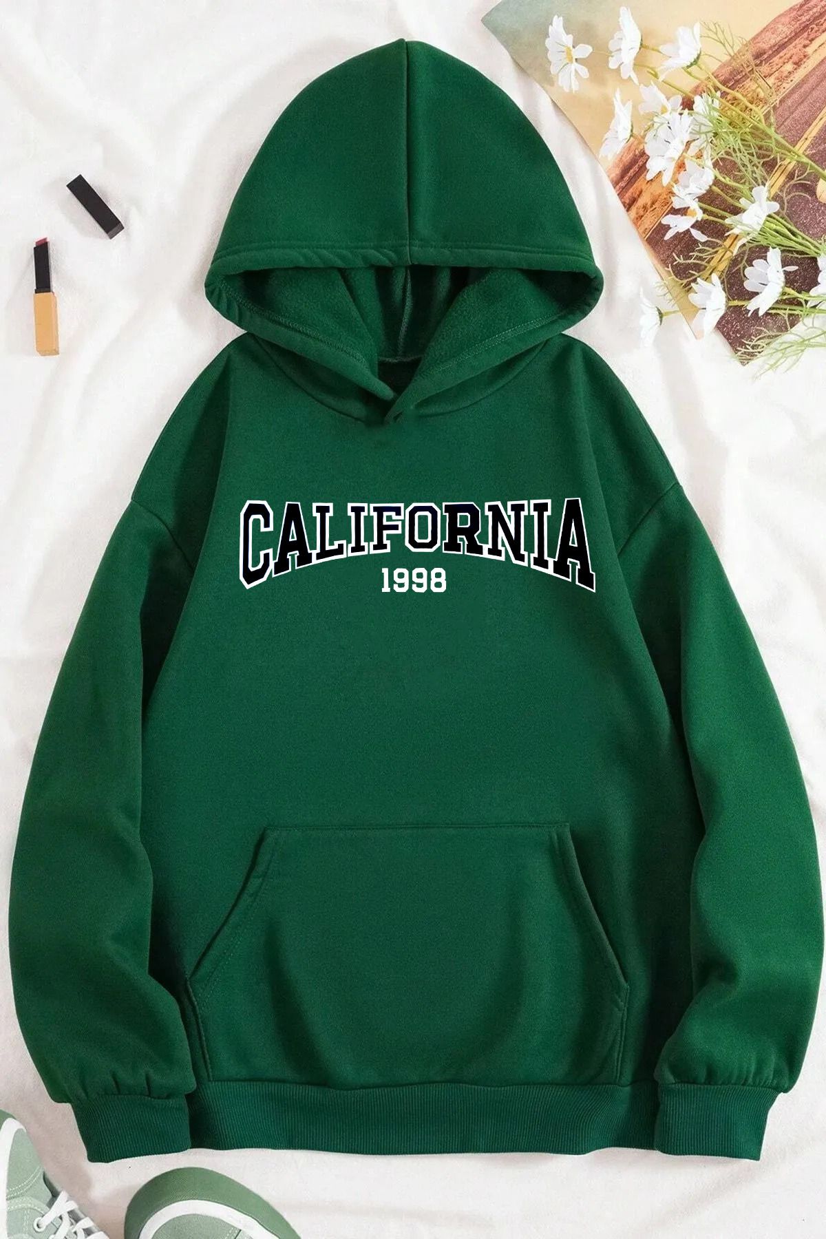 Unisex California 1998 Temalı Yeşil Sweatshirt