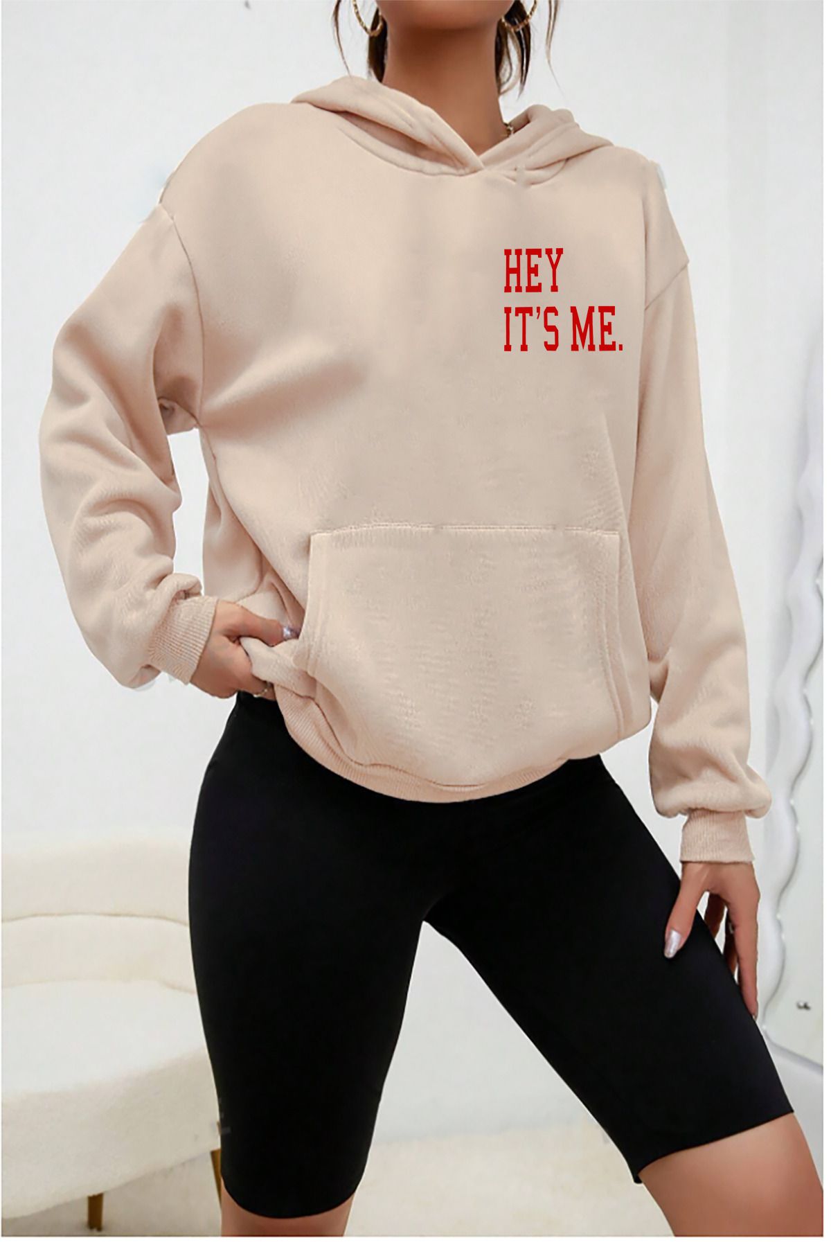 Unisex Hey İt's ME Baskılı Bej Sweatshirt