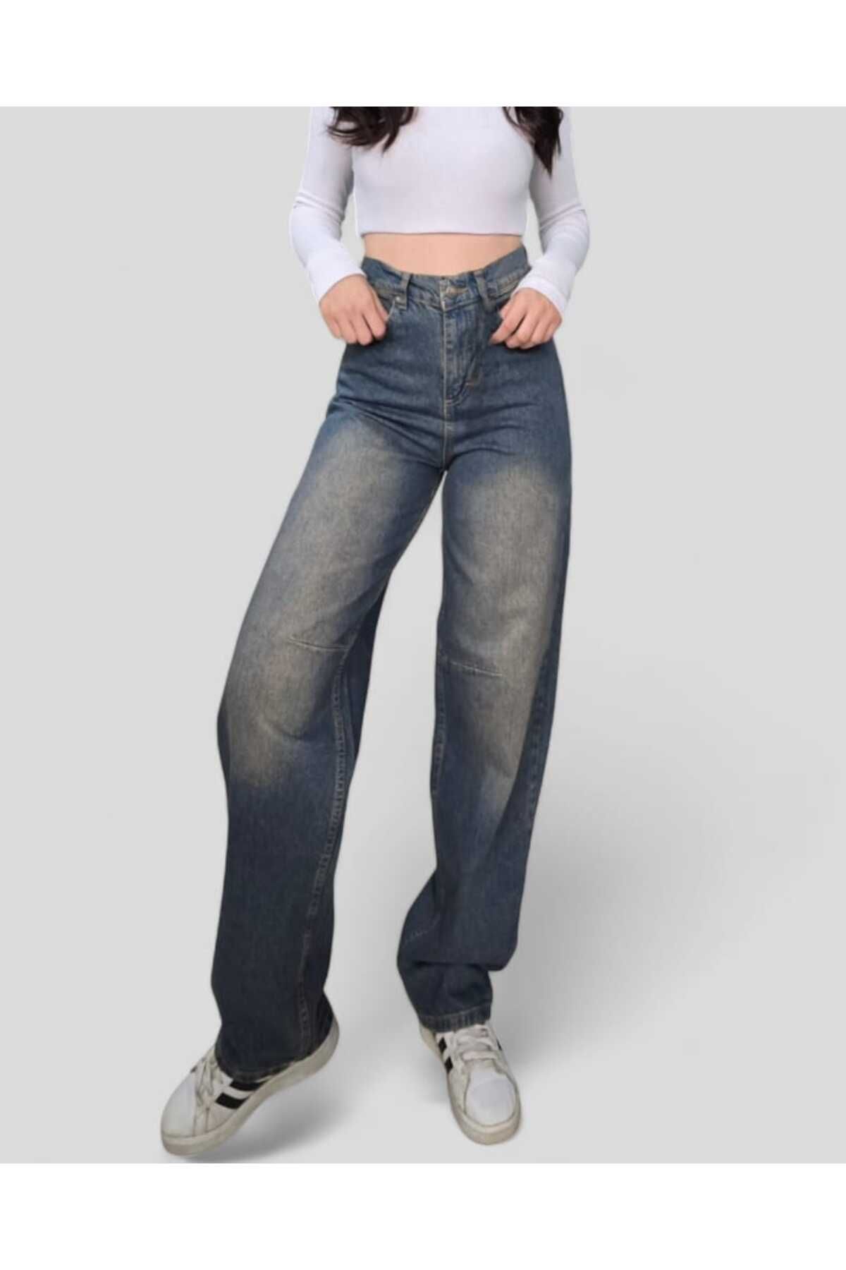 LİMABELBaggy Jeans TokaDetaylı Mavi Üstü Yeşi...