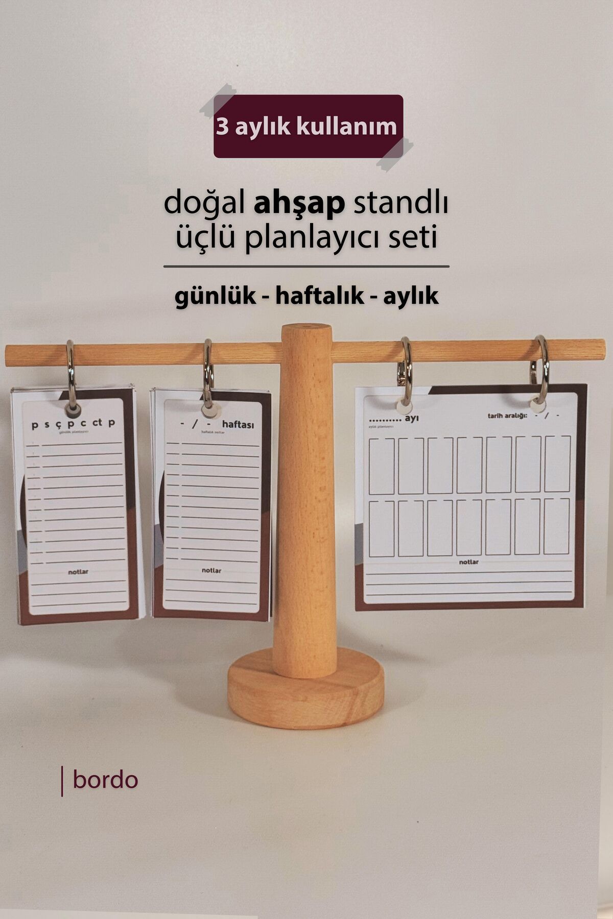 Doğal Ahşap Standlı Üçlü Planlayıcı Seti (Günlük - Haftalık - Aylık)