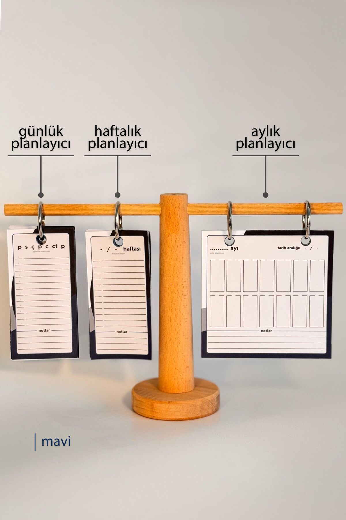 Doğal Ahşap Standlı Üçlü Planlayıcı Seti (Günlük - Haftalık - Aylık)