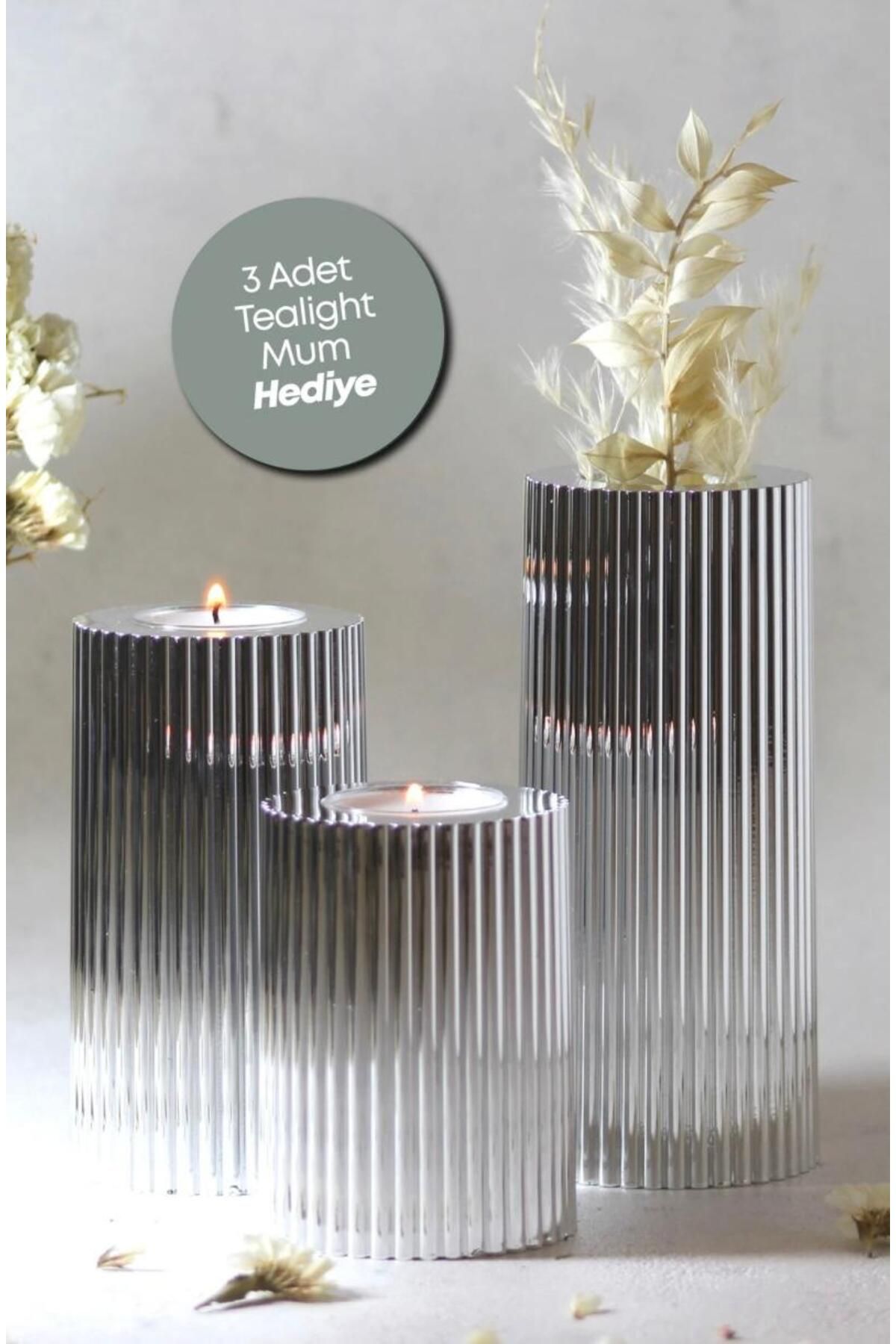 Krom Kaplama 3 Lü  Krom Tırtıklı Yüzey Mumluk Dekoratif Tealight Set Mum hediyeli