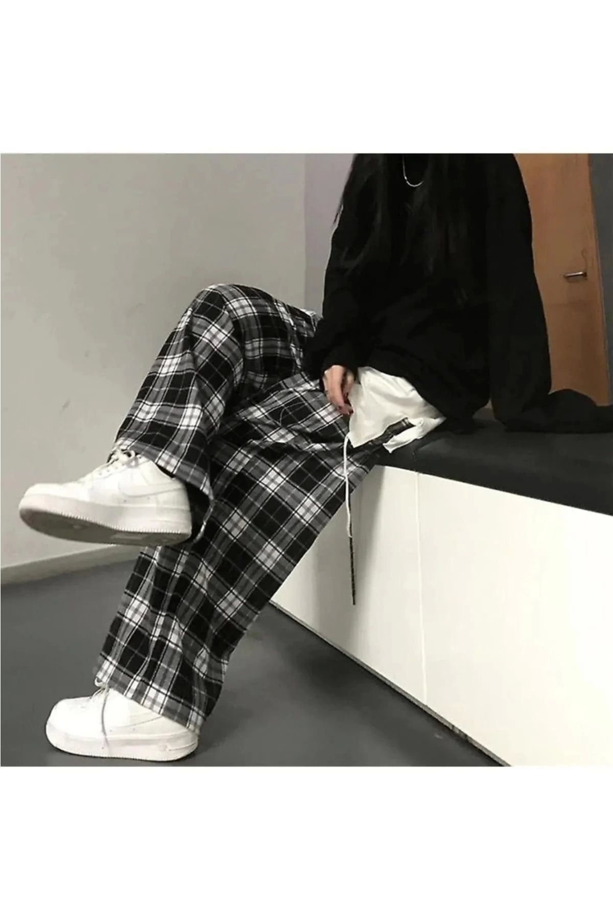 Harajuku Kare Ekose Desenli Siyah Unisex Rahat Kesim Pijama Eşofman Altı