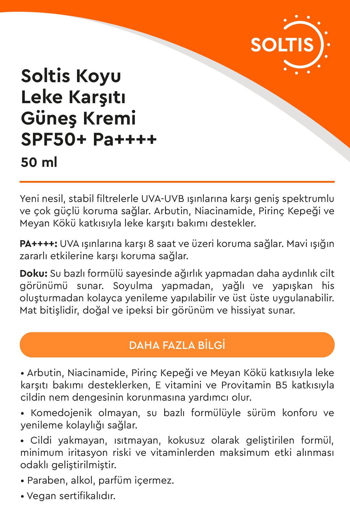 Koyu Leke Karşıtı Ve Yüksek Korumalı Güneş Kremi SPF 50+ Pa++++ , 50 ml