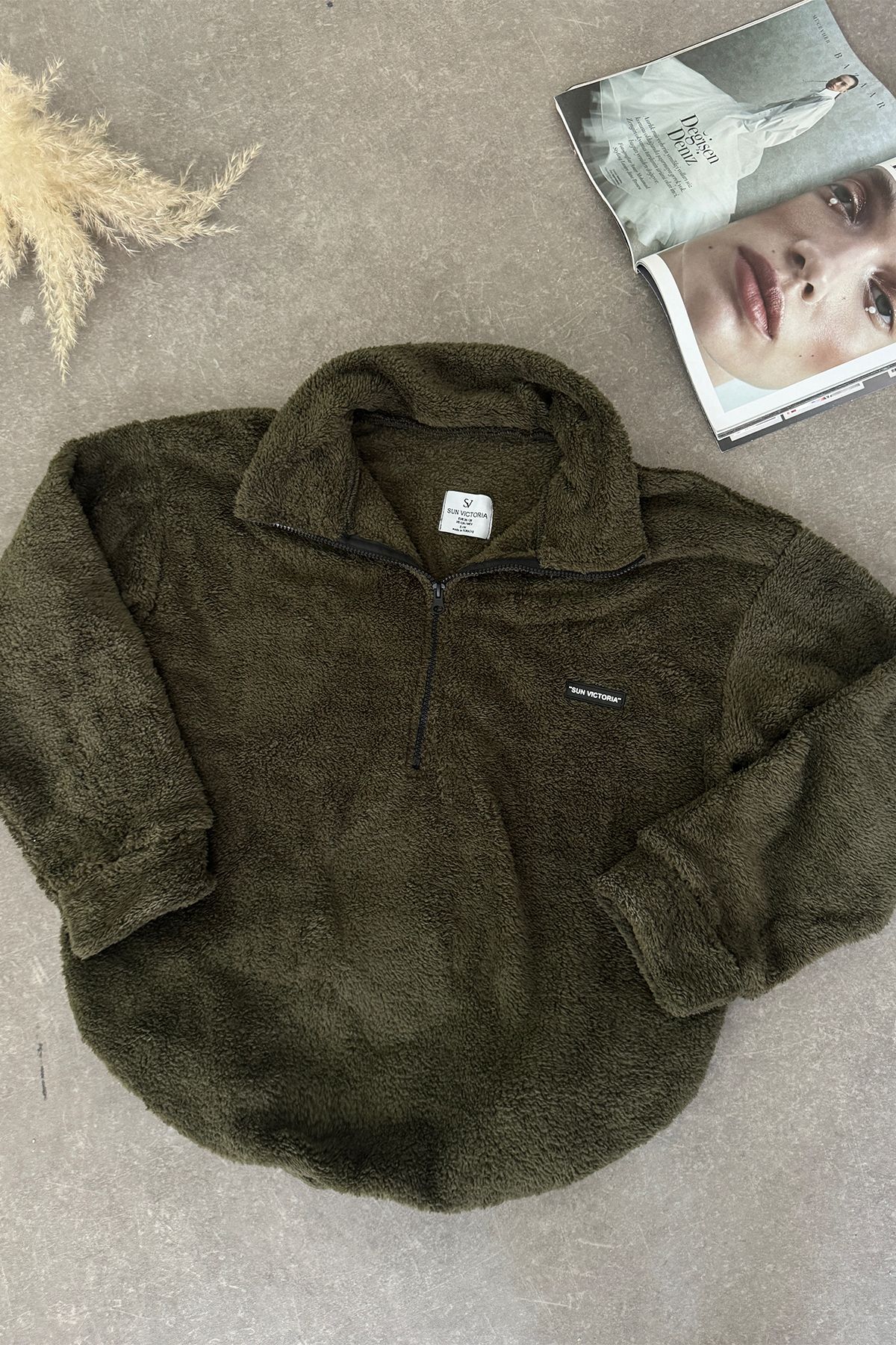 Kadın Yeşil Dik Yaka Oversize Peluş Sweatshirt