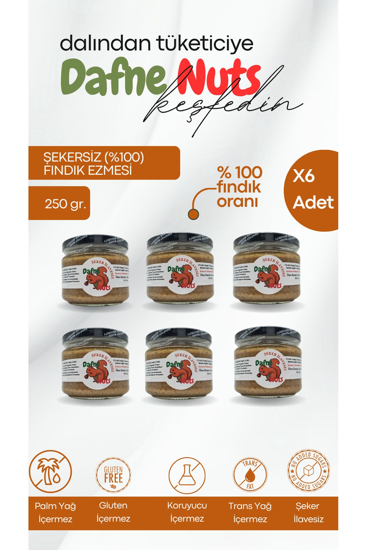 Dafne Nut ŞEKERSİZ (%100)FINDIK EZMESİ 250 GR...