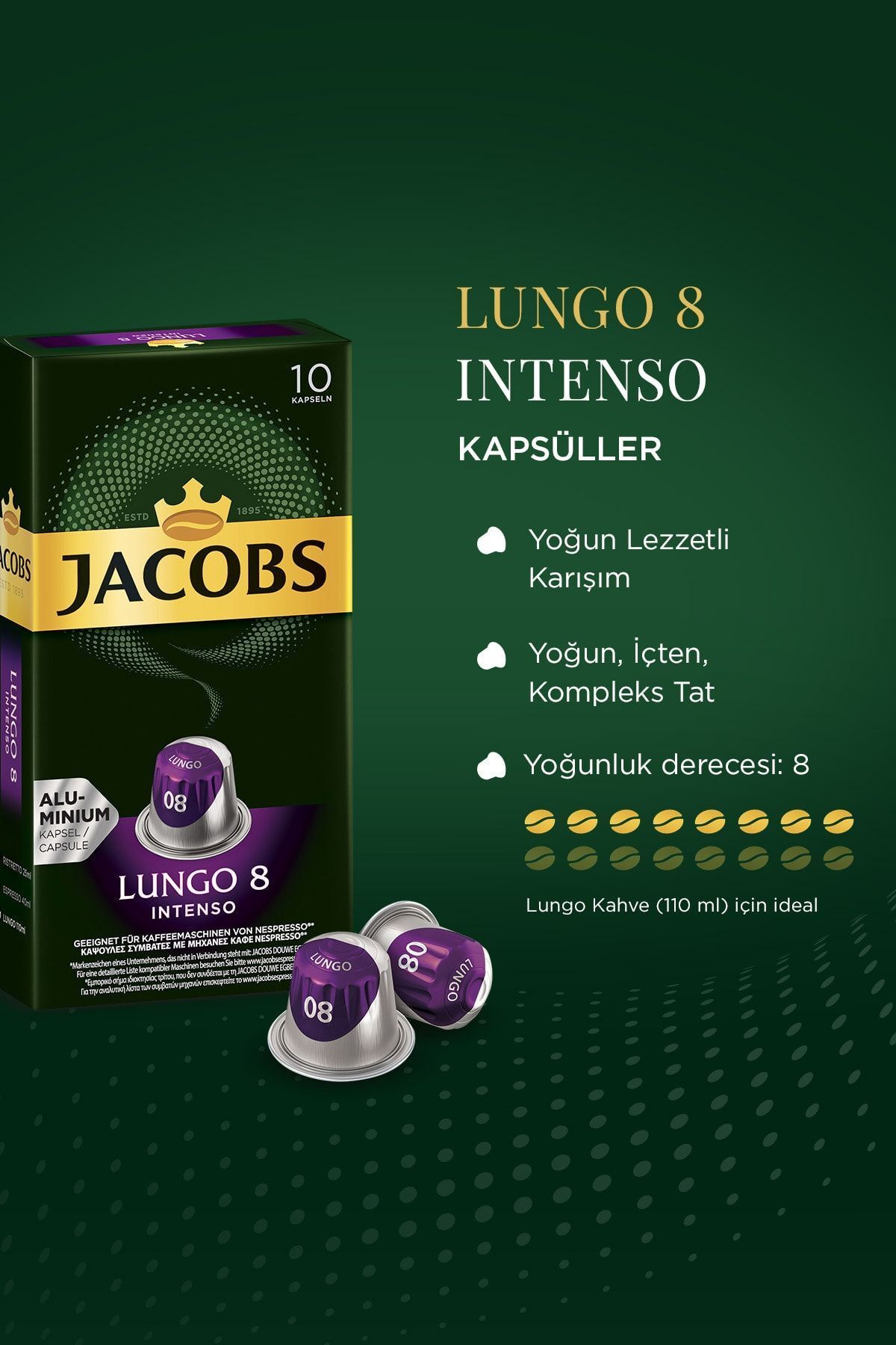 Lungo 8 Intenso Nespresso Uyumlu Alüminyum Kapsül Kahve 10 Adet X 5 Paket