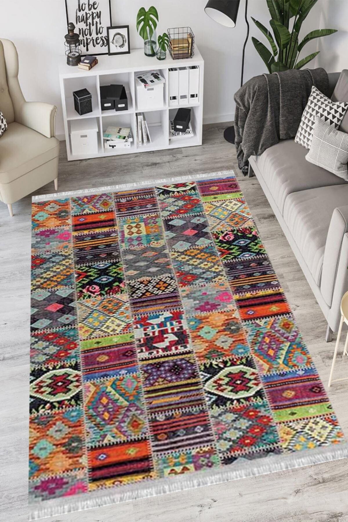 Patchwork Eko Punto Kaymaz Tabanlı Yıkanabilir Antibakteriyel Dijital Baskı Patchwork Halı Yolluk