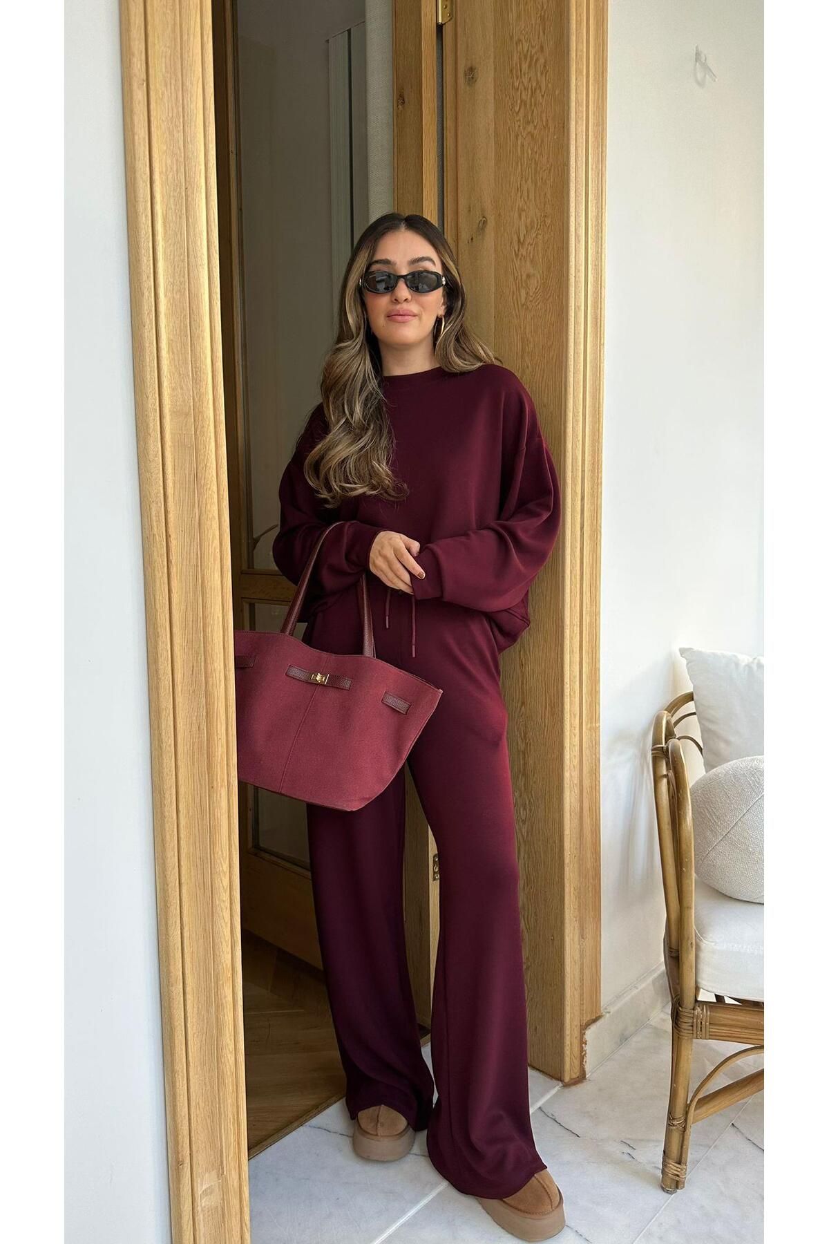 Bordo Oversize Uzun Kollu Sweat Pantolon Takım