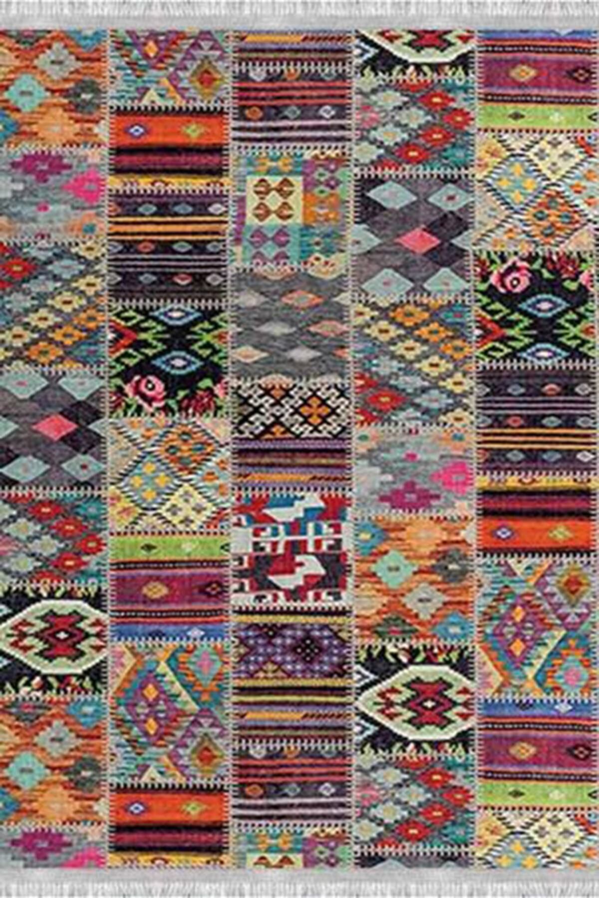 Patchwork Eko Punto Kaymaz Tabanlı Yıkanabilir Antibakteriyel Dijital Baskı Patchwork Halı Yolluk