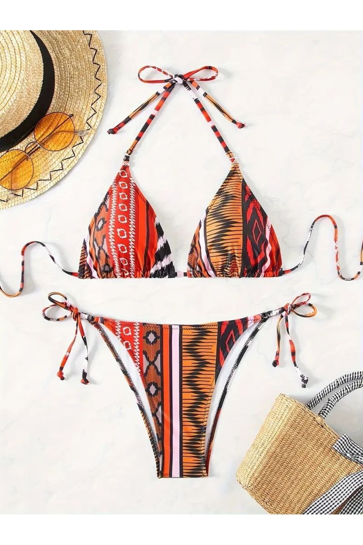 Bikini Takımı Etnik Baskılı Bağcıklı