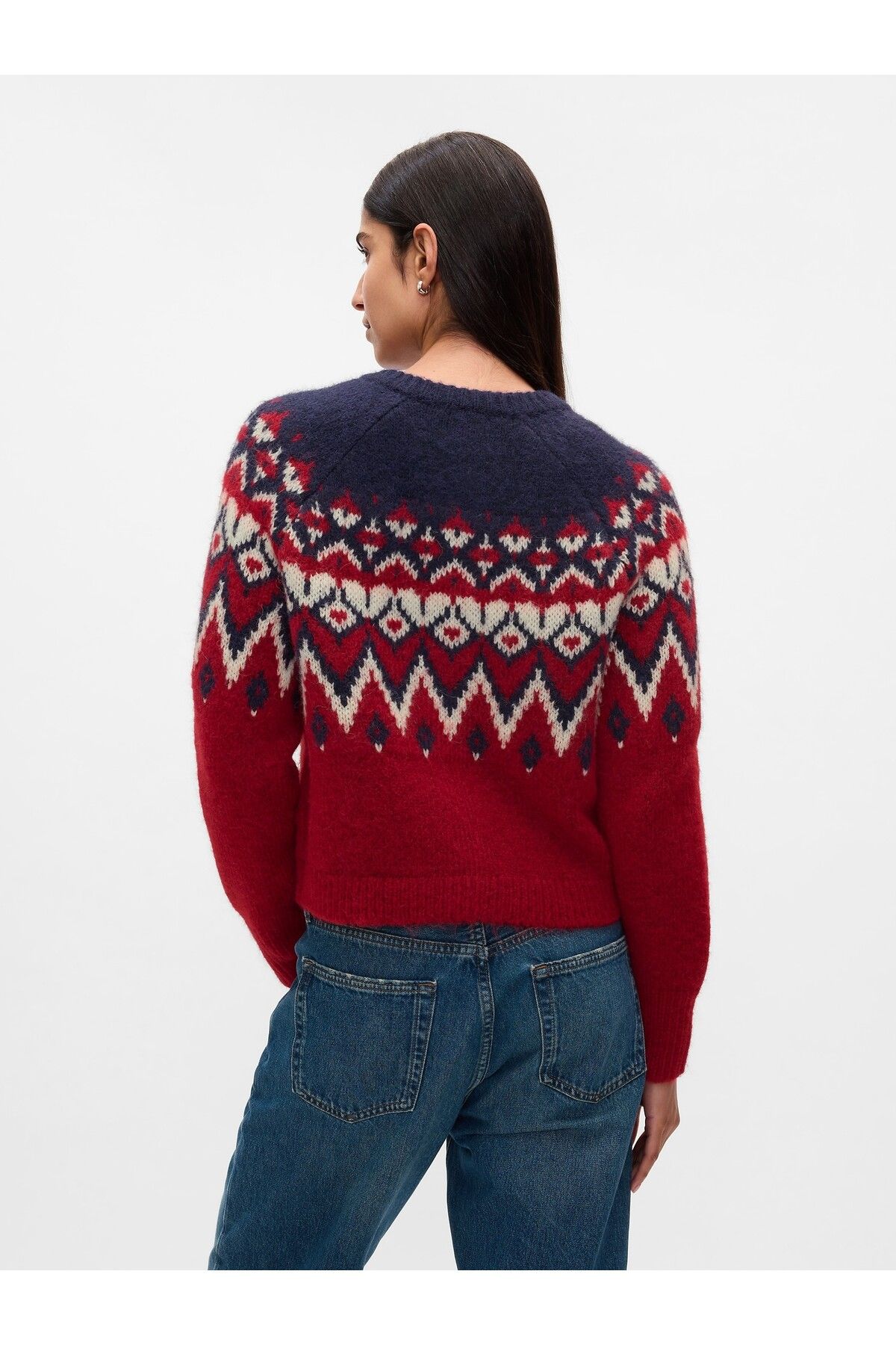 Kadın Bordo Fair Isle Desenli Crop Hırka