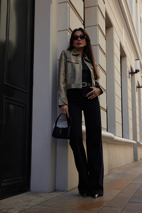 Siyah Pens Detaylı Yüksek Bel Wide Leg Jeans TWOAW23JE00345 Image 5