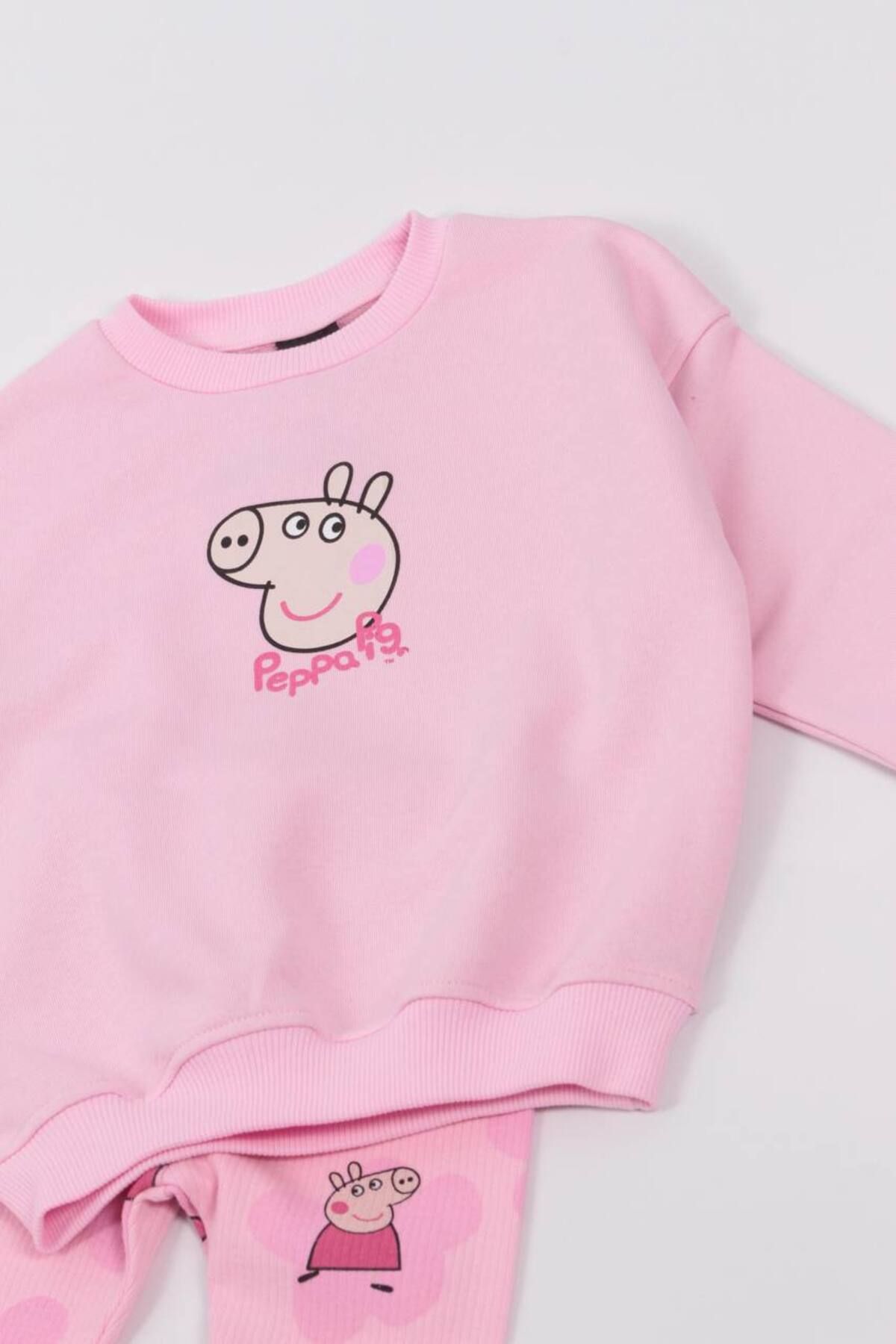 Yeni Sezon Kız Çocuk Peppa Pig Baskılı Pamuklu AltÜst Fitilli Taytlı Takım