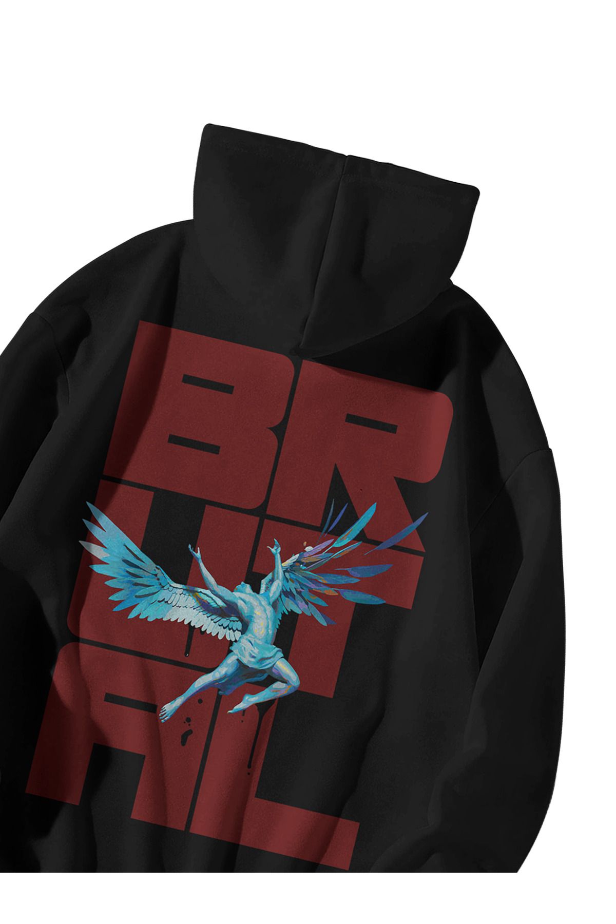 Kadın Erkek Siyah Brutal Falling Angel Baskılı Oversize Kapşonlu Kanguru Cepli Sweatshirt Hoodie