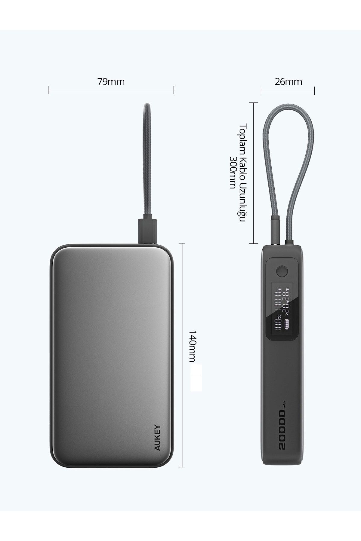 PB-Y48-GY 100W 20000 mAh PD Dahili Type-C Kablolu Powerbank