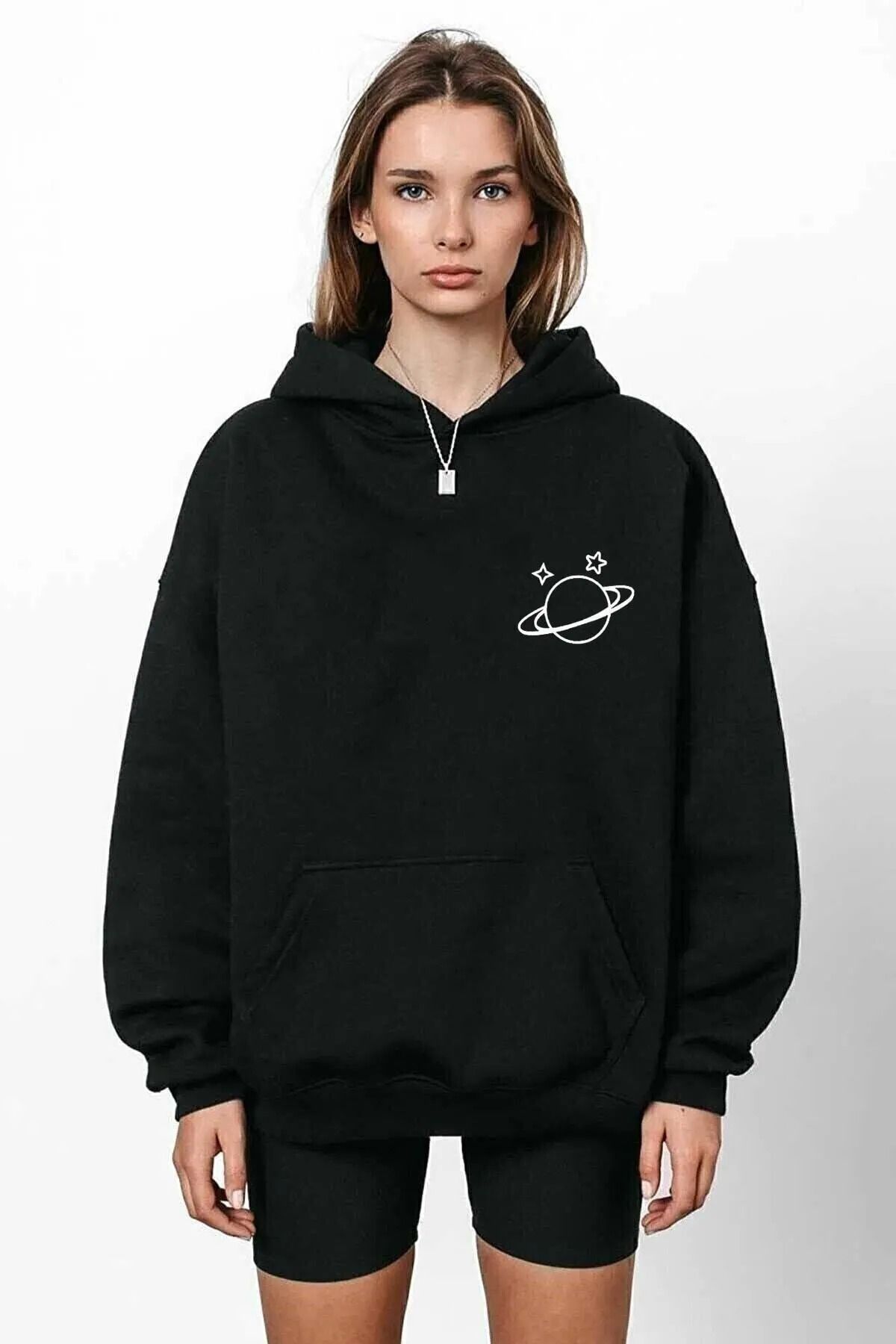 Unisex Satürn Baskılı Siyah Sweatshirt