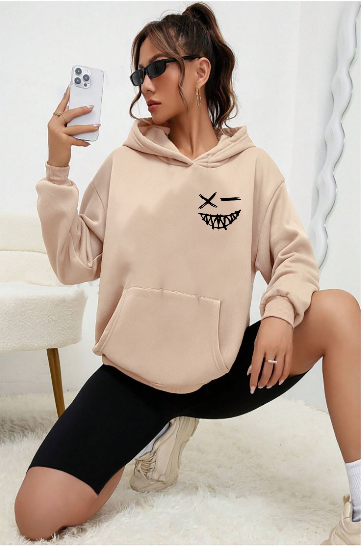 memowear Unisex Smile BaskılıBej Sweatshirt