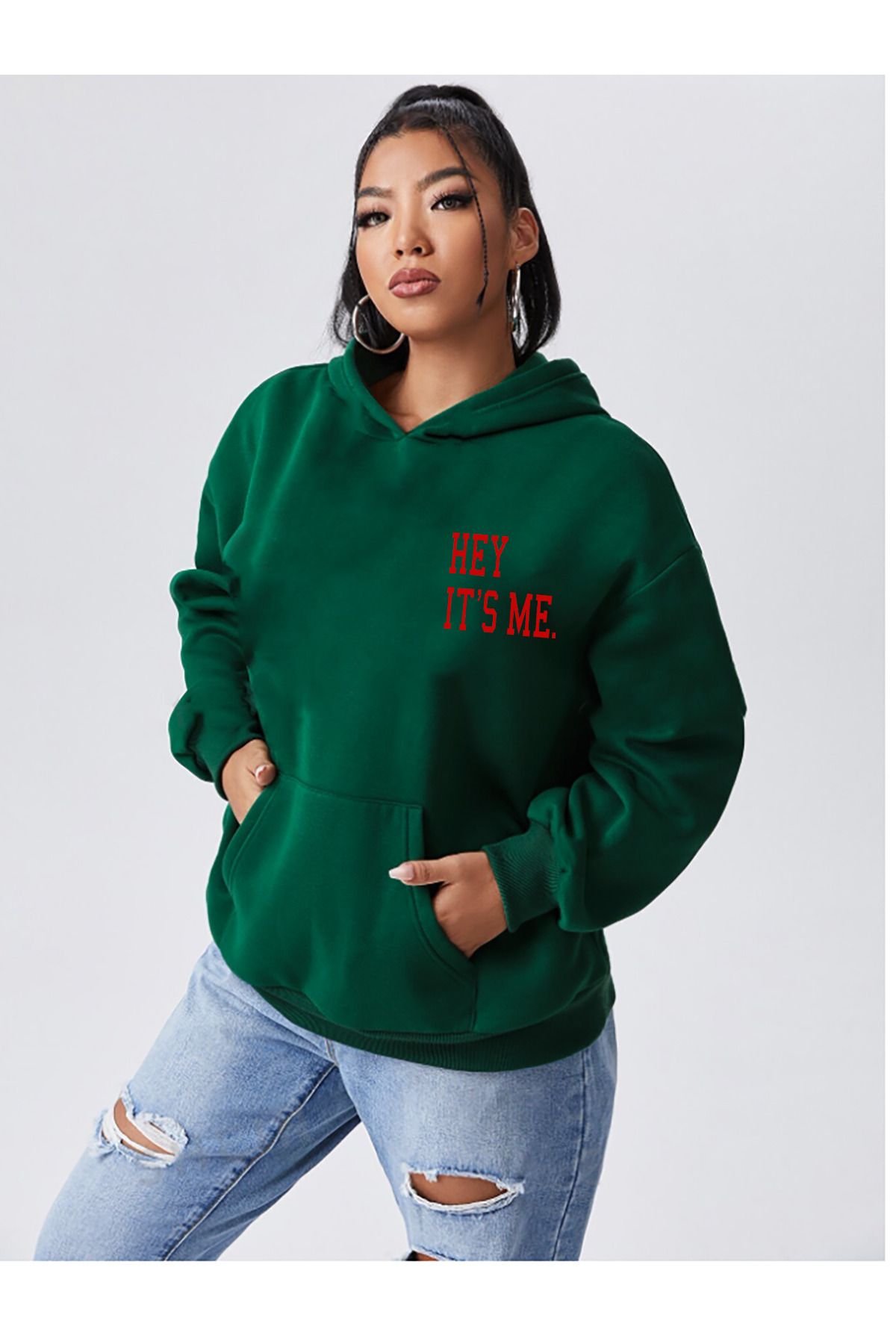 Unisex Hey İt's ME Baskılı Yeşil Sweatshirt