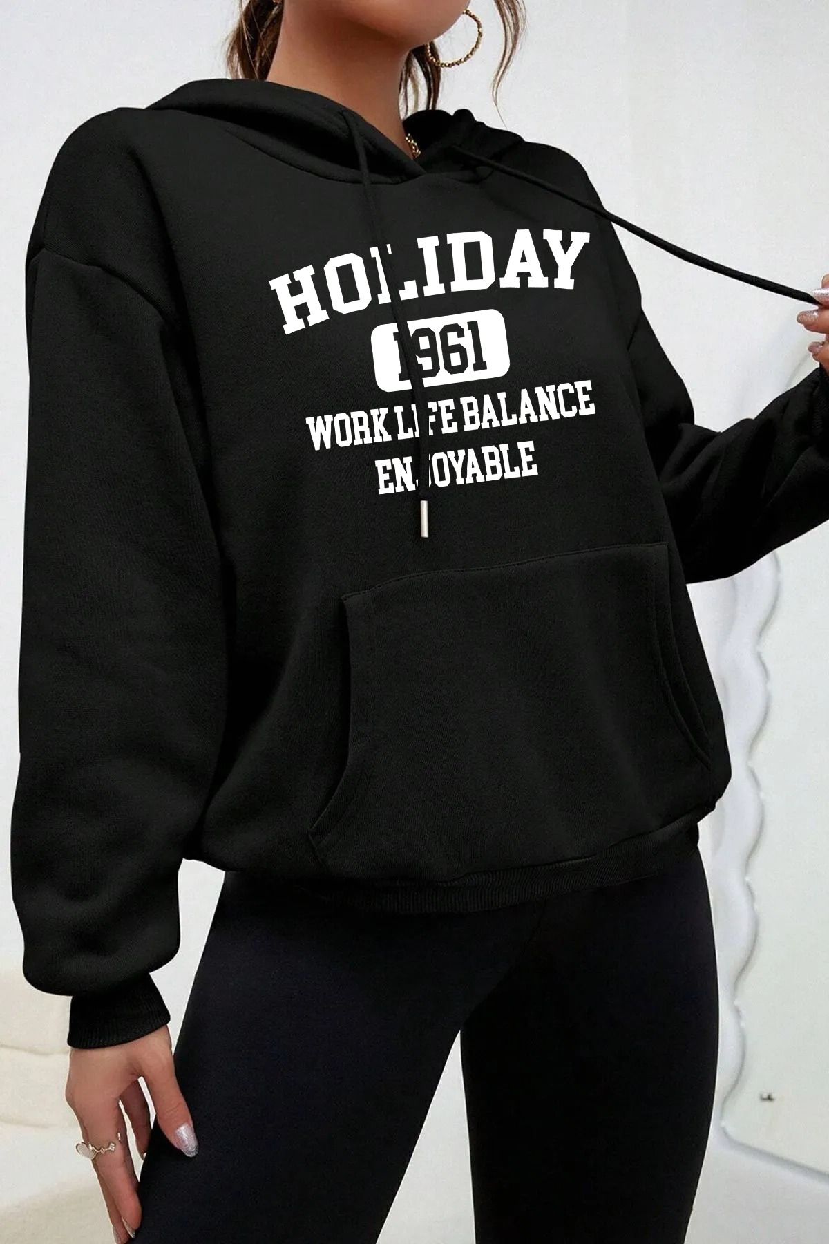 Unisex HOLIDAY 1961 Baskılı Siyah Sweatshirt