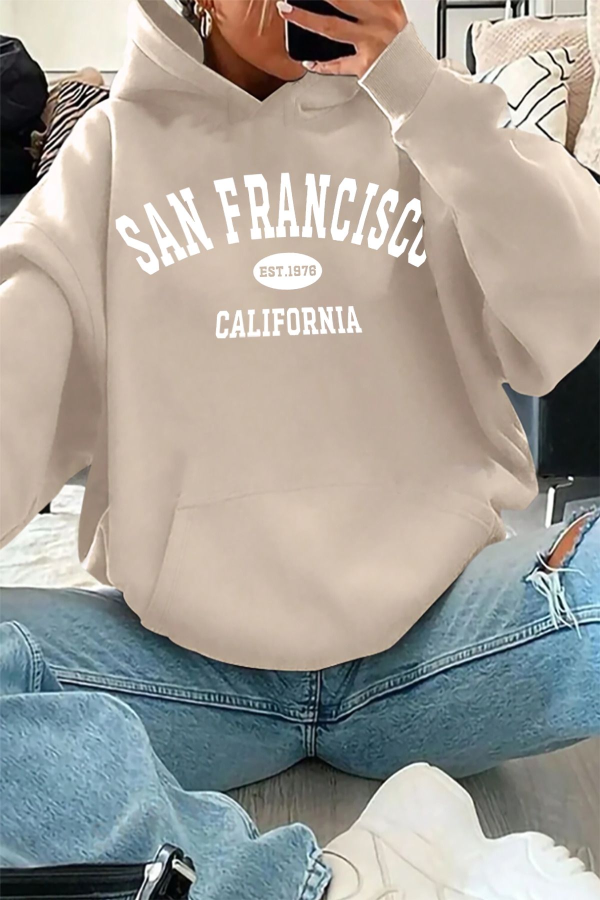 memowear Unisex San FransiscoBaskılı Bej Swea...