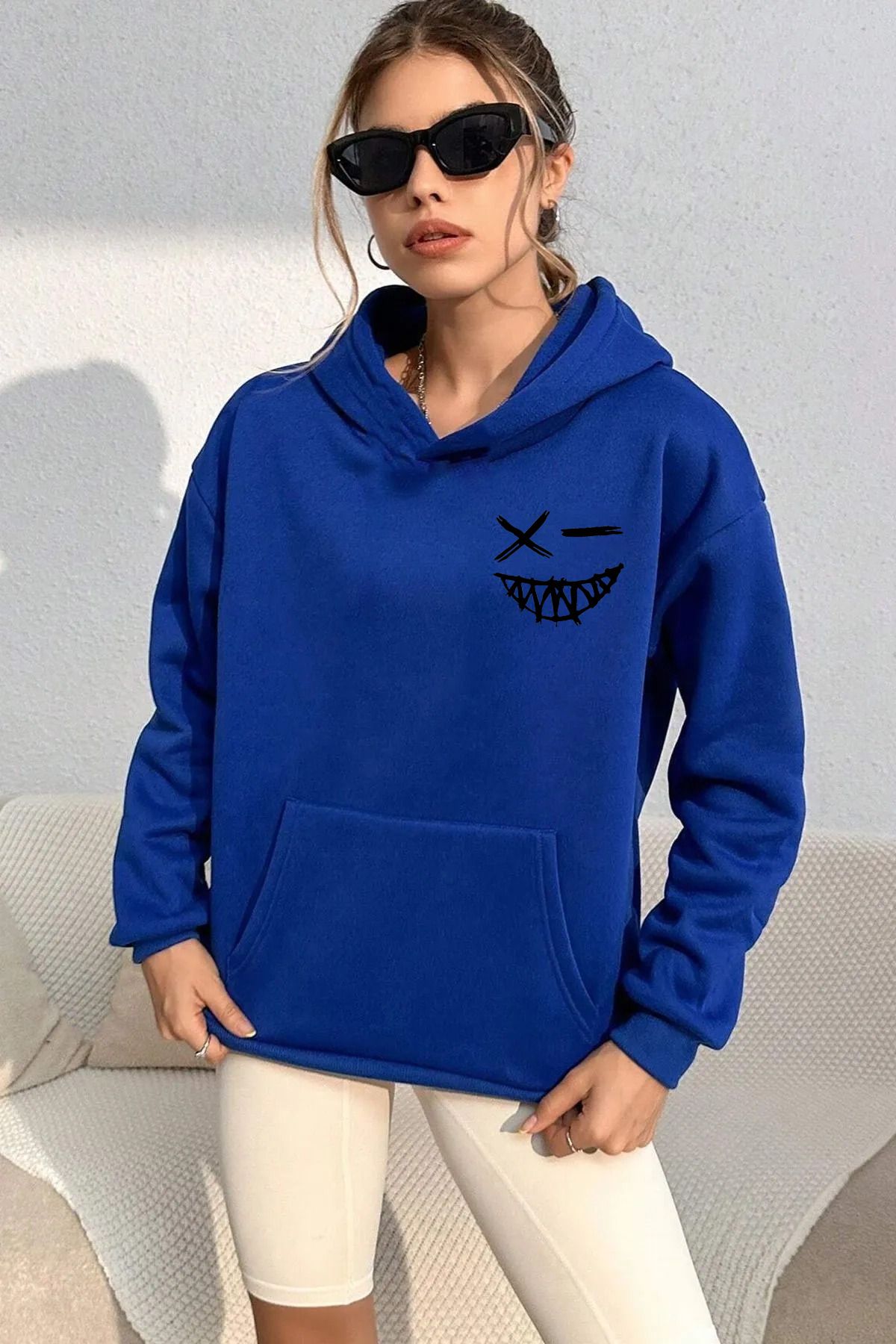 Unisex Smile Baskılı Sax Sweatshirt