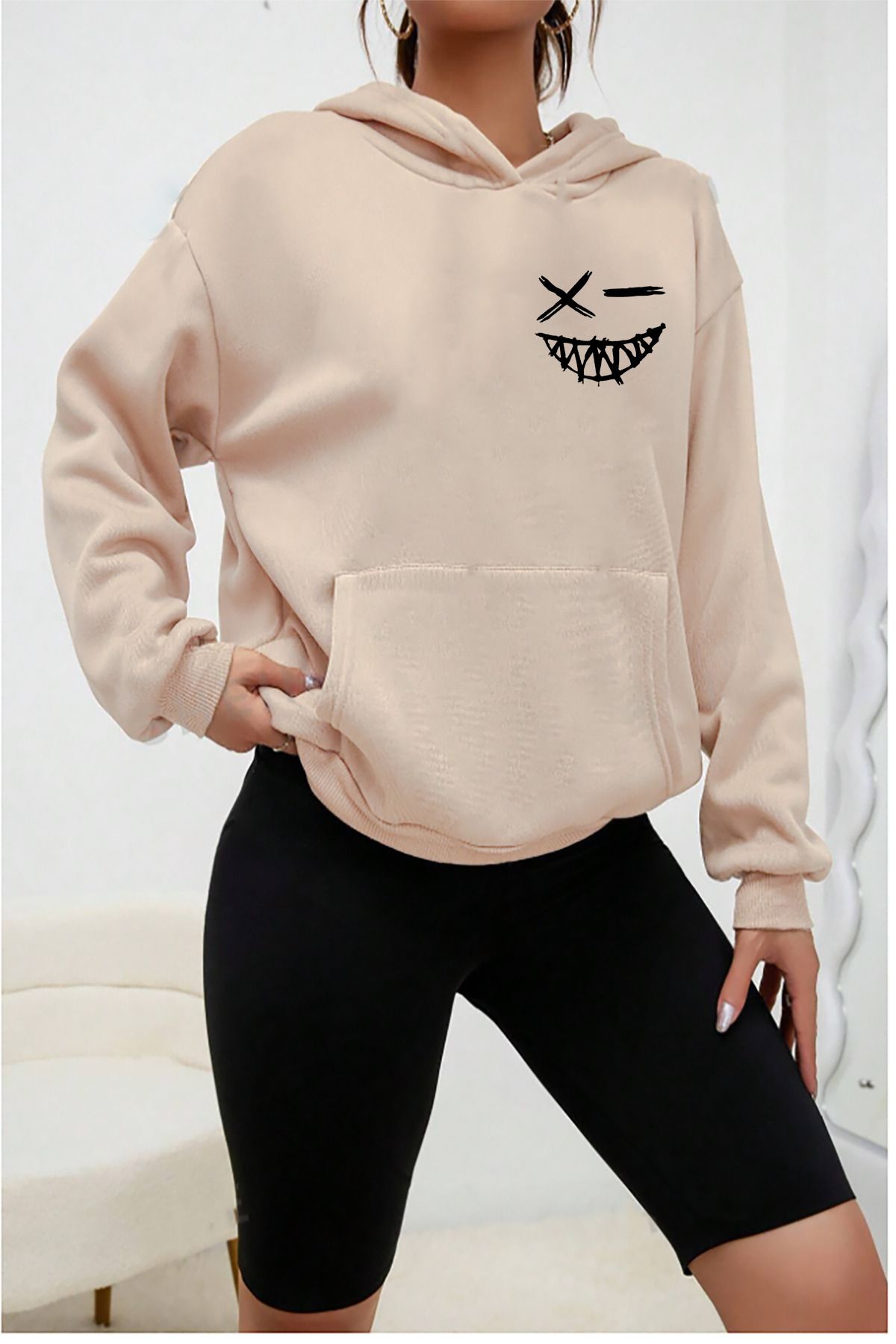 Unisex Smile Baskılı Bej Sweatshirt