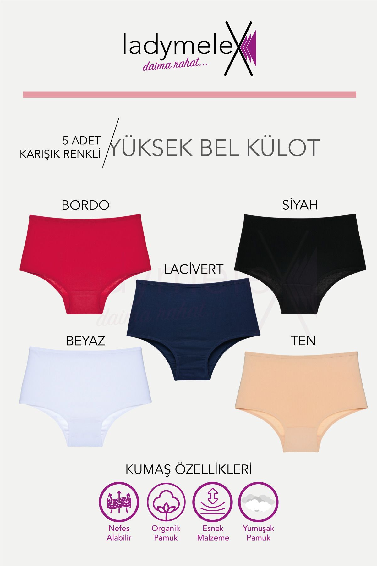 Kadın Külot, Yüksek Bel Külot (S-M-L-XL-2XL-3XL) Bordo Lacivert Siyah Beyaz Ten, %100 Rahat Kumaş