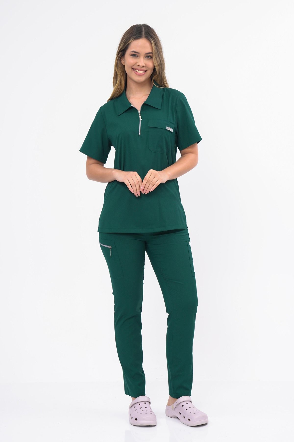 Lüks Polo Yaka Likralı Yüksek Kaliteli Unisex Scrubs Hemşire Doktor Üniforma(Alt-Üst) V-008