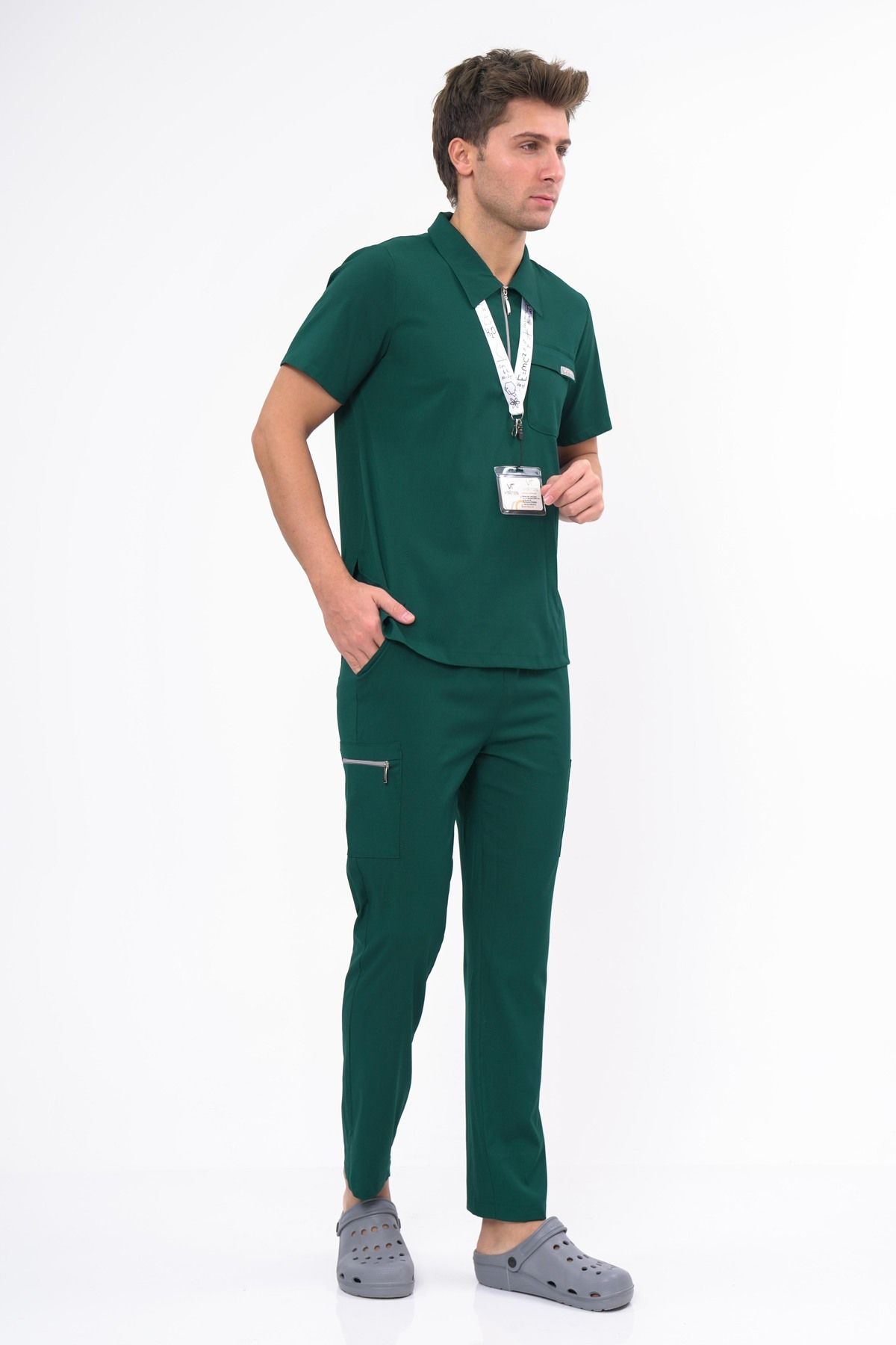 Lüks Polo Yaka Likralı Yüksek Kaliteli Unisex Scrubs Hemşire Doktor Üniforma(Alt-Üst) V-008