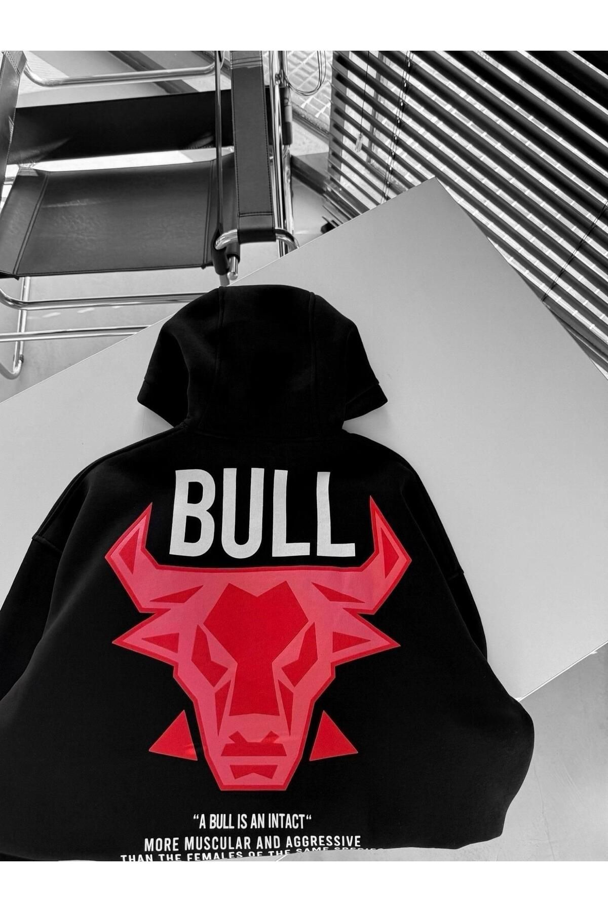 Erkek Oversize Bull Baskılı Hoodie Siyah