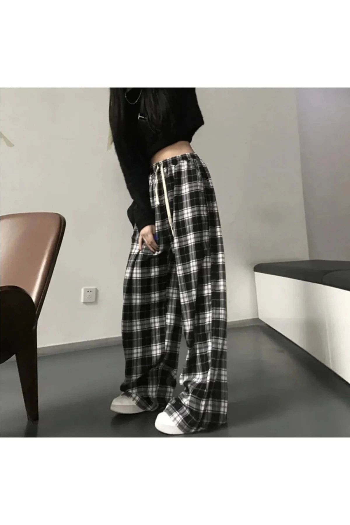 Harajuku Kare Ekose Desenli Siyah Unisex Rahat Kesim Pijama Eşofman Altı