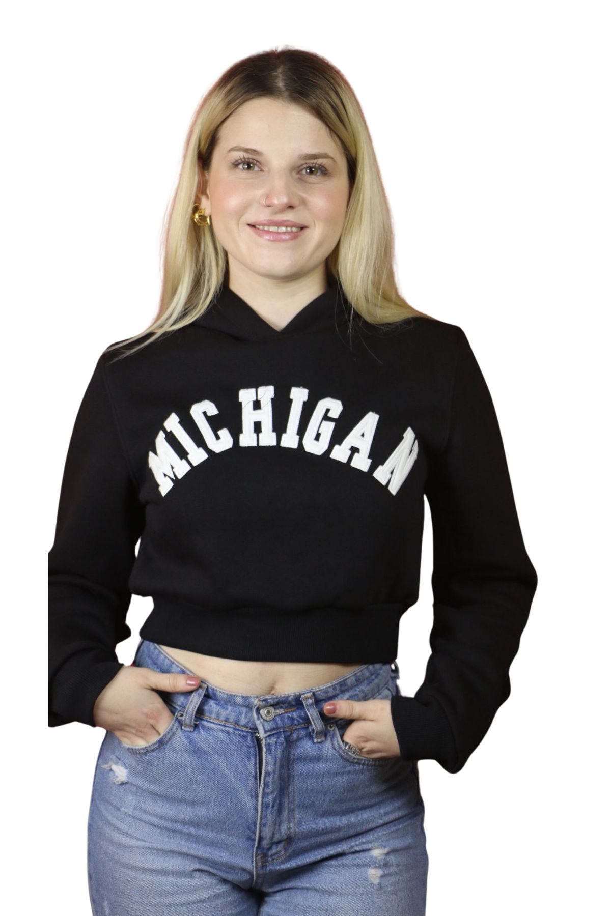 Kadın Michigan Nakış Detaylı Ekru Crop Kapüşonlu Kalın İçi Polarlı Oversize Sweatshirt